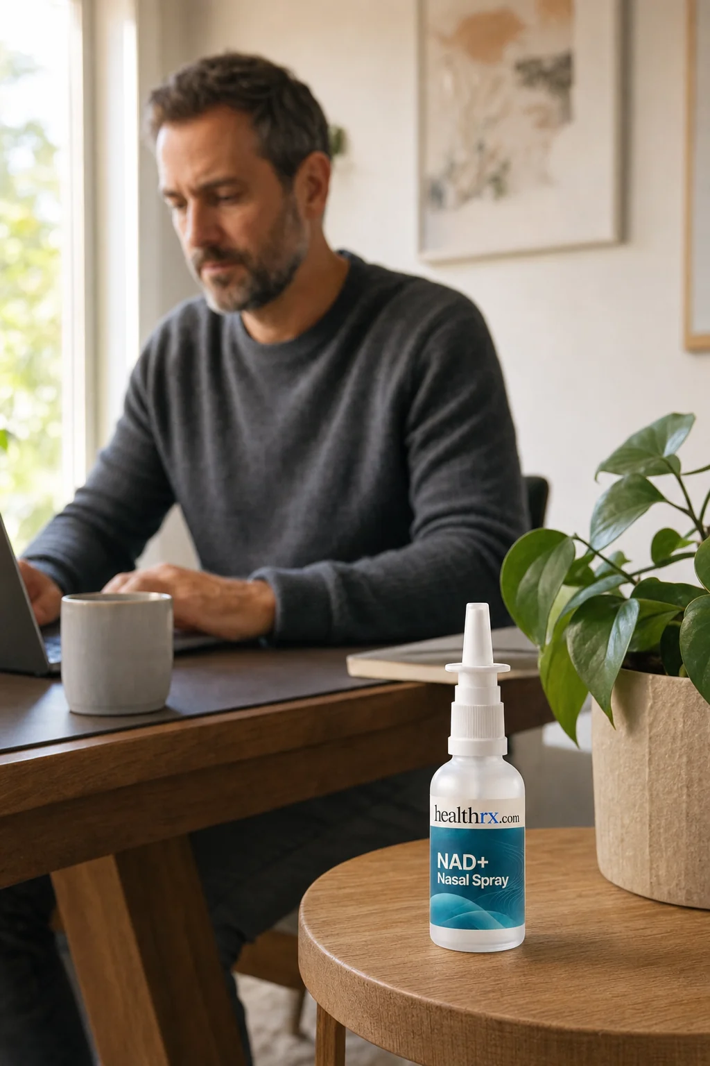 A man in his mid 40s working at his desk in the morning, with NAD+ Nasal Spray close by