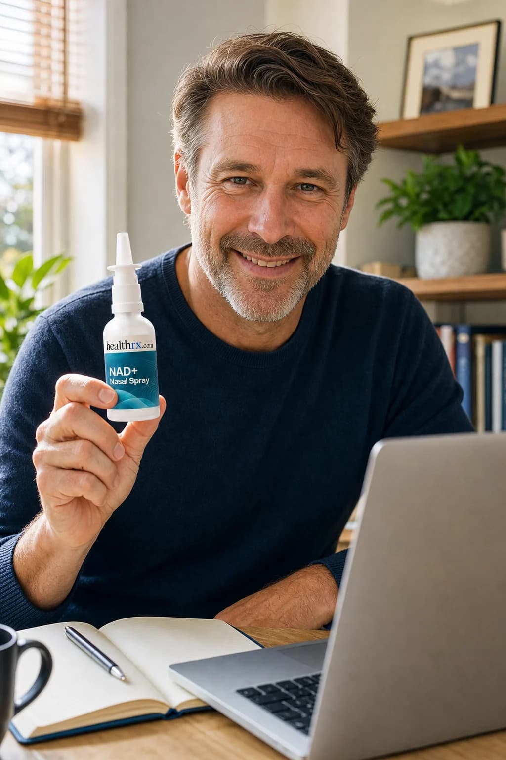 A man in his mid 40s working at his desk in the morning, with NAD+ Nasal Spray
