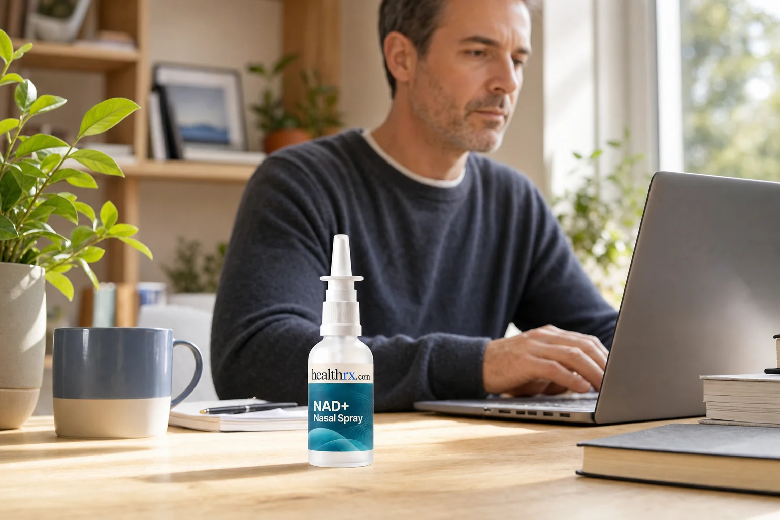 A man in his mid 40s working at his desk in the morning, with NAD+ Nasal Spray in the foreground