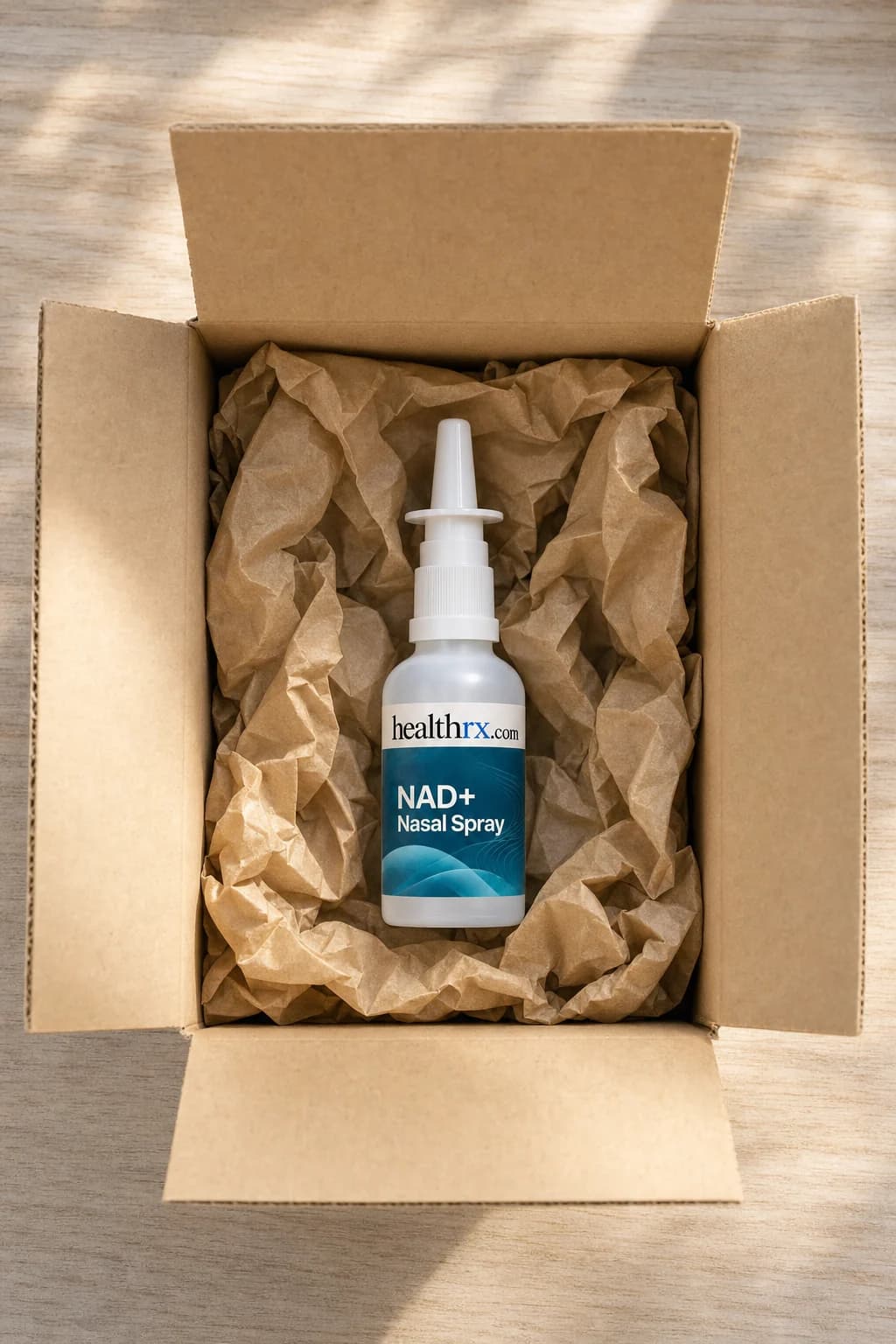 NAD+ Nasal Spray inside a plain, unmarked shipping box