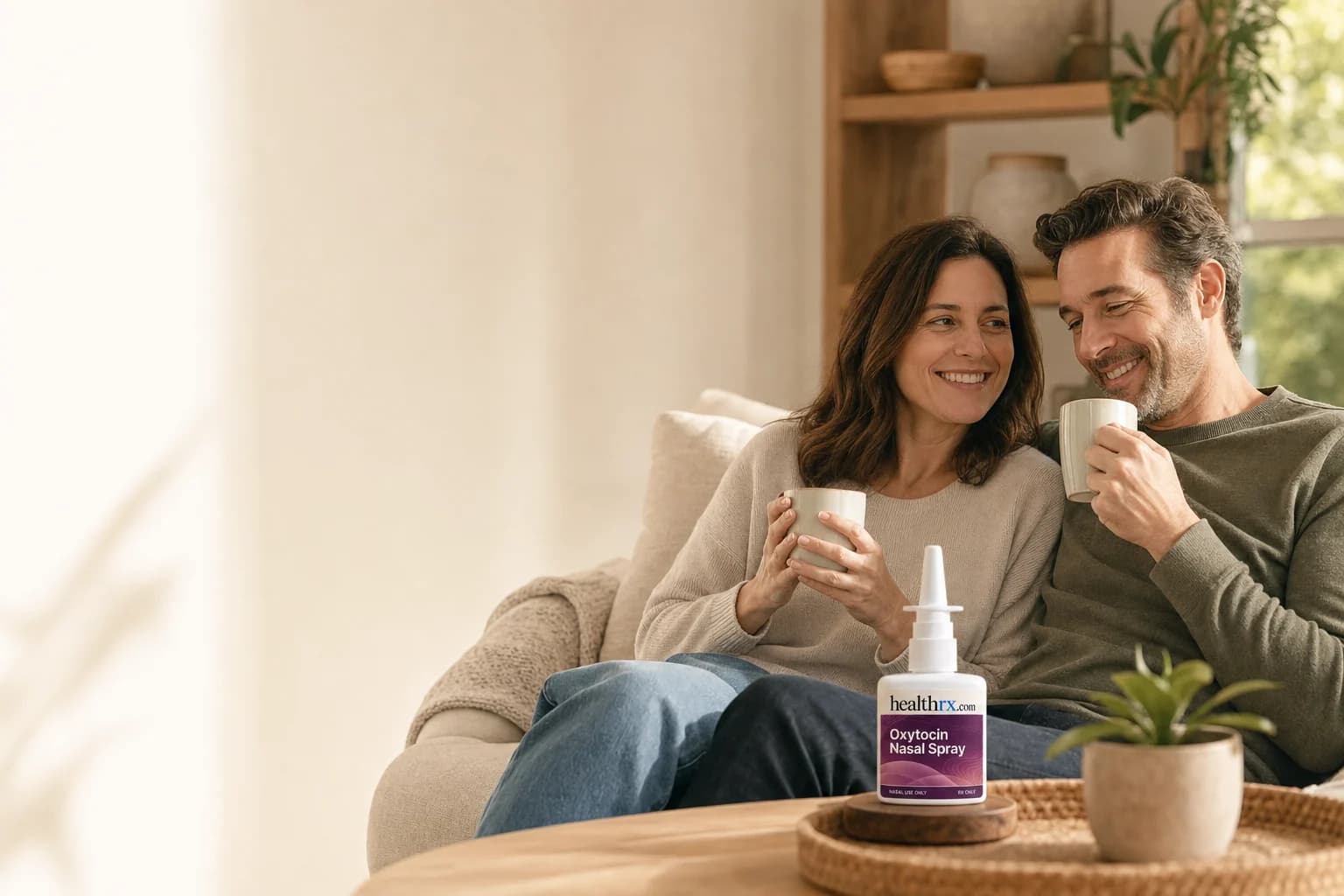 A couple sharing a slow Sunday morning with coffee, with Oxytocin Nasal Spray