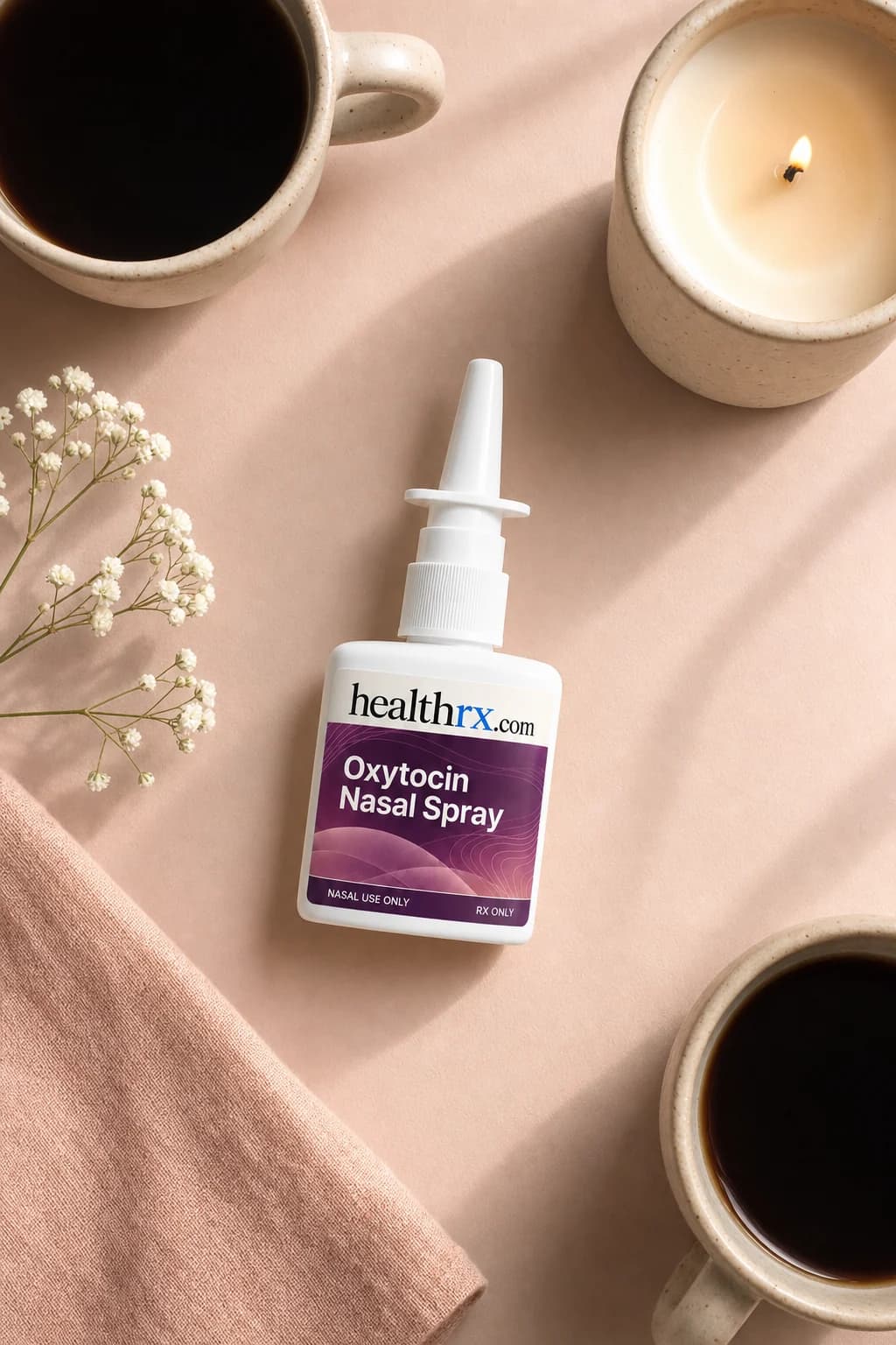 Oxytocin Nasal Spray laid flat among everyday things