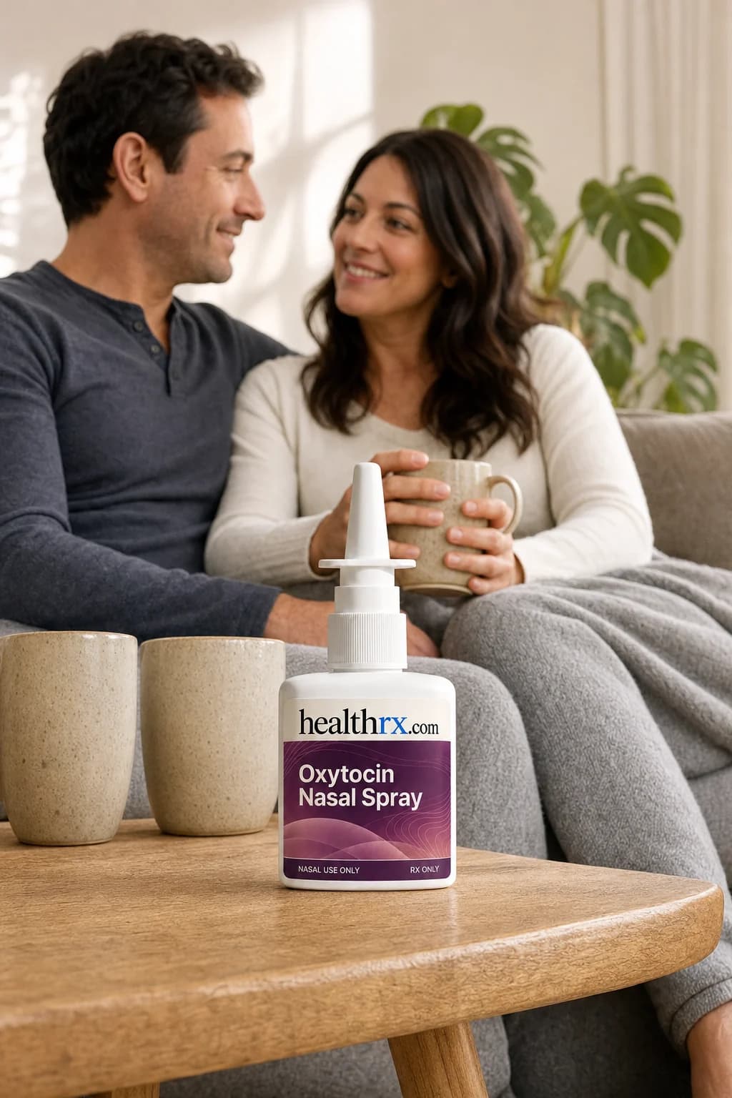 A couple sharing a slow Sunday morning with coffee, with Oxytocin Nasal Spray close by