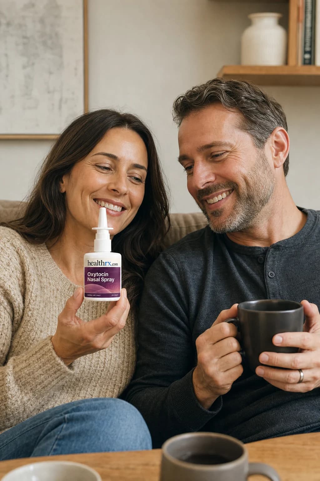 A couple sharing a slow Sunday morning with coffee, with Oxytocin Nasal Spray