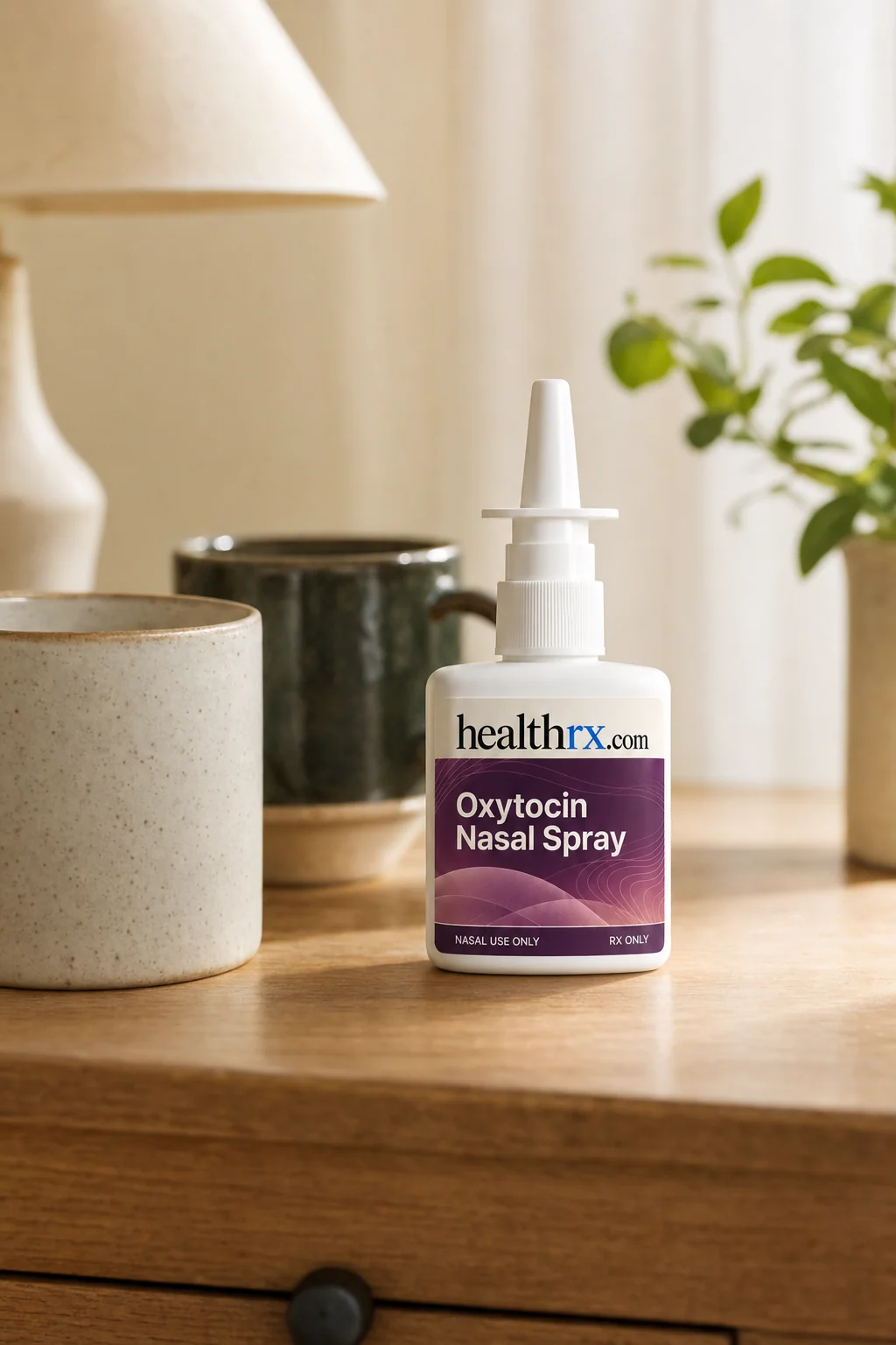 Oxytocin Nasal Spray on a side table beside two coffee mugs