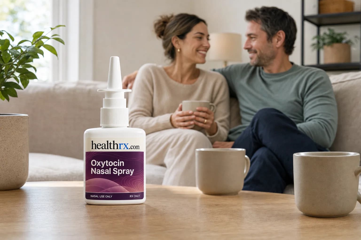 A couple sharing a slow Sunday morning with coffee, with Oxytocin Nasal Spray in the foreground