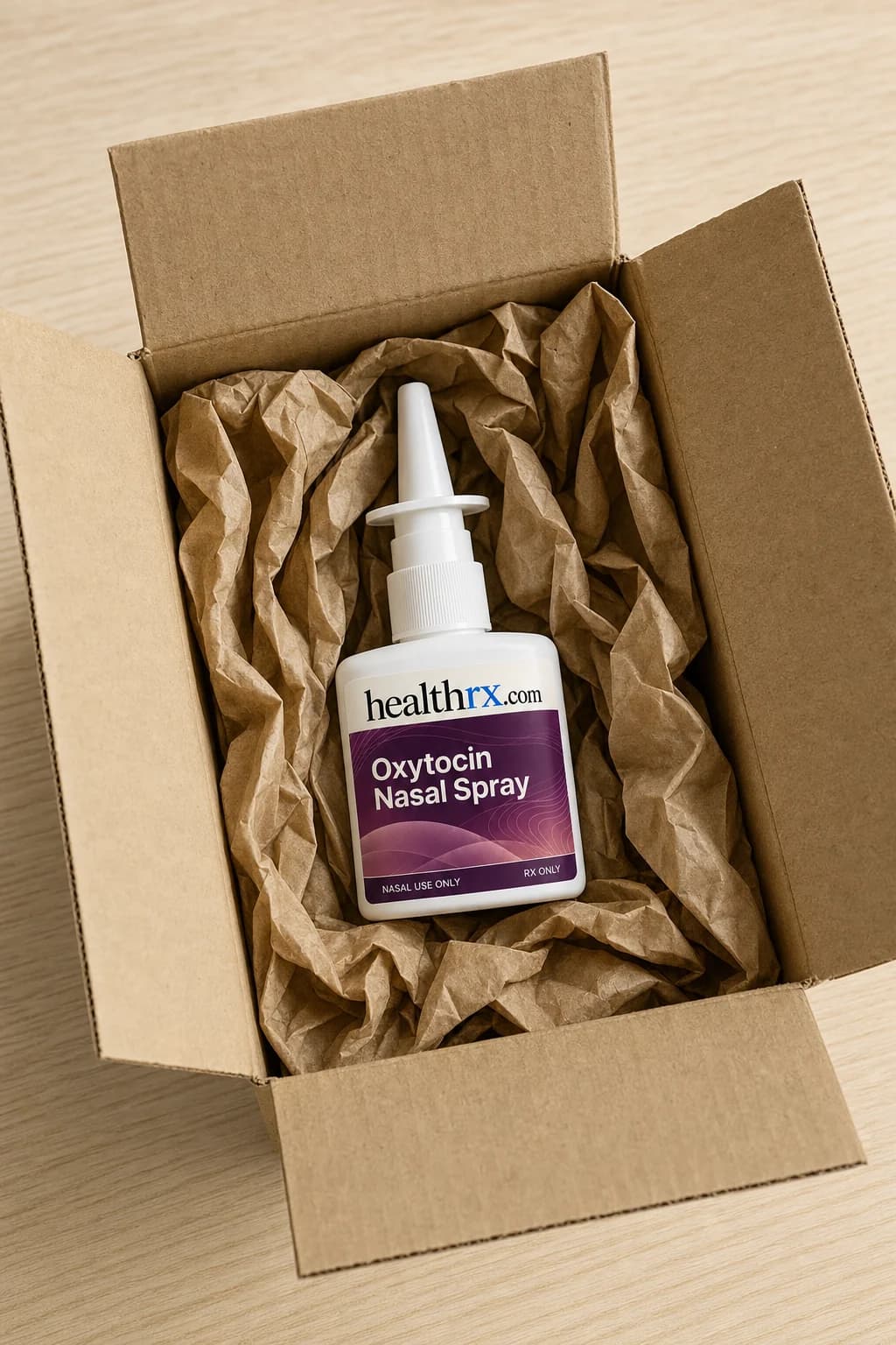 Oxytocin Nasal Spray inside a plain, unmarked shipping box