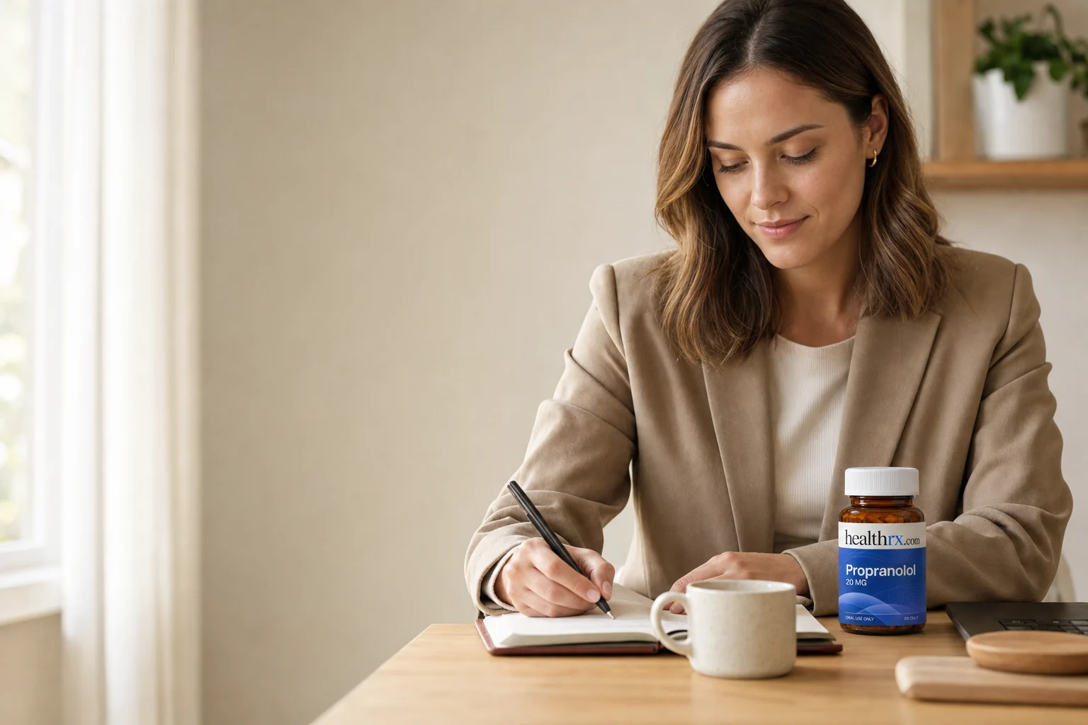 A woman in her early 30s reviewing notes before a big day, with Propranolol
