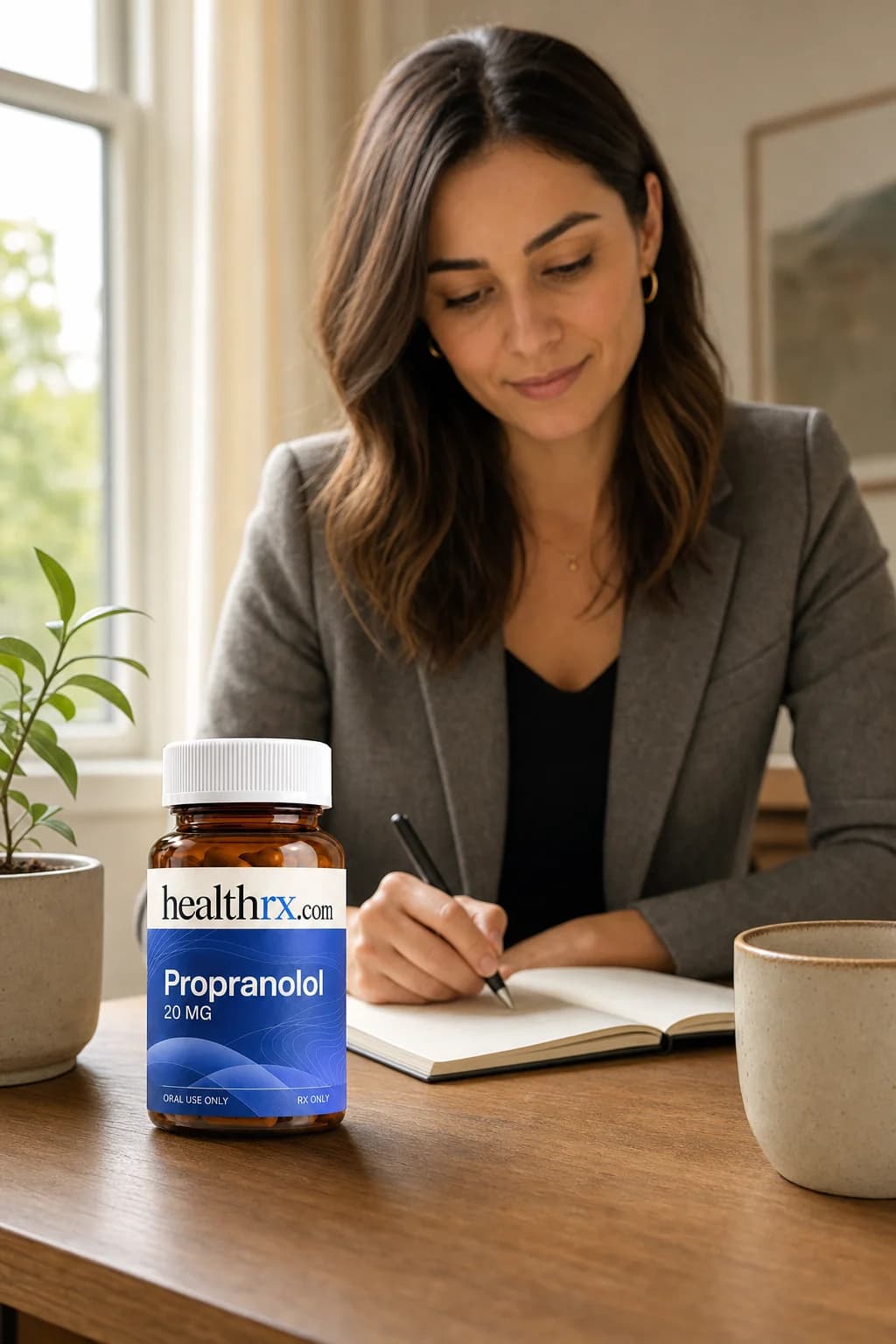A woman in her early 30s reviewing notes before a big day, with Propranolol close by