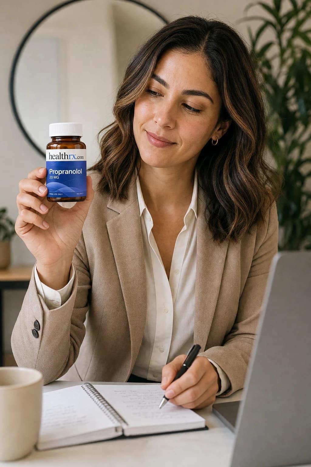 A woman in her early 30s reviewing notes before a big day, with Propranolol