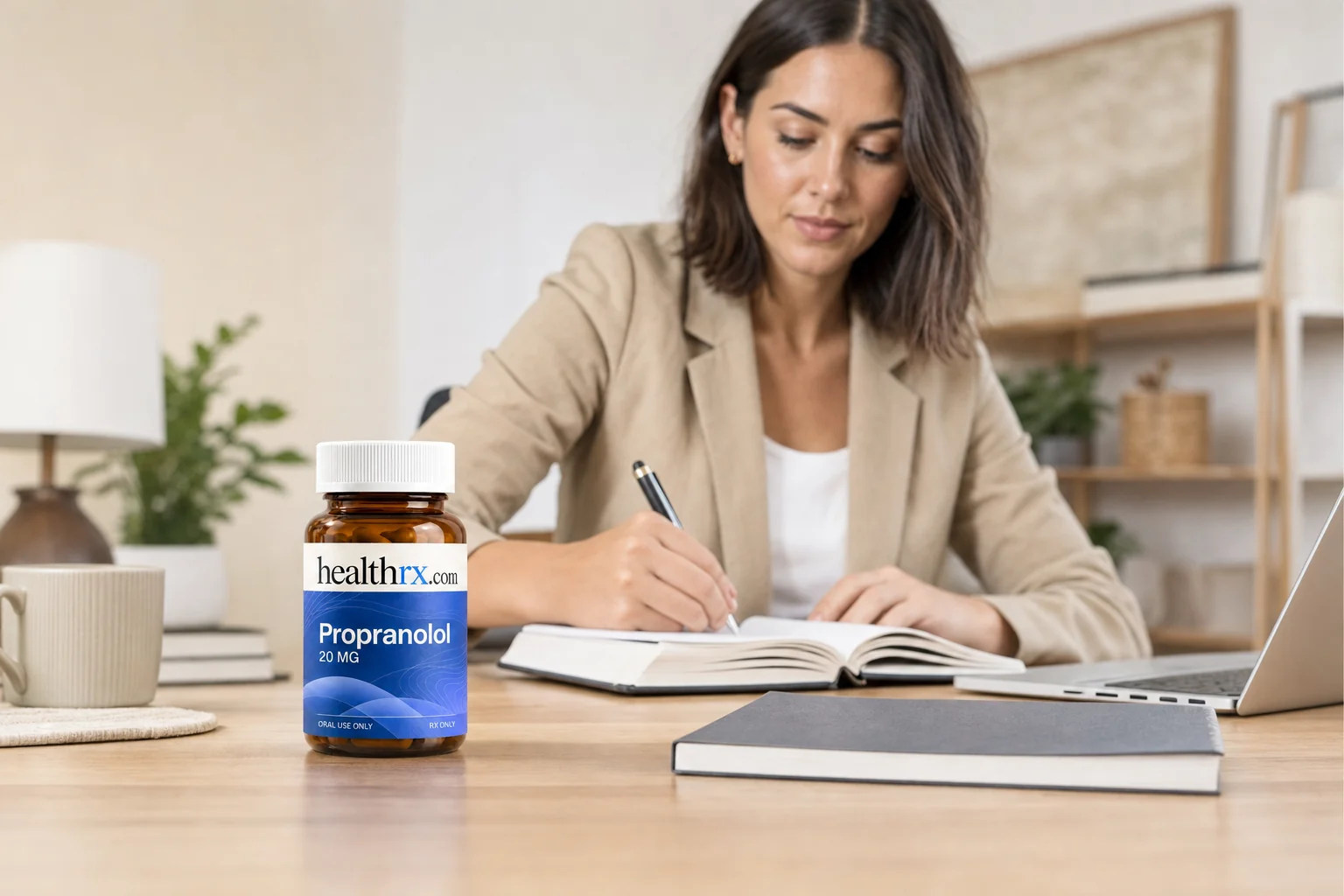A woman in her early 30s reviewing notes before a big day, with Propranolol in the foreground