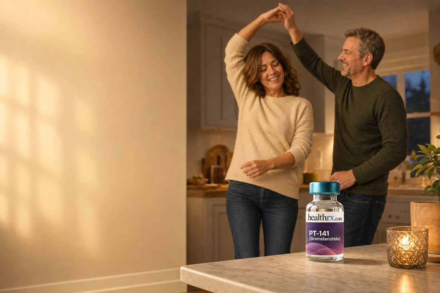 A couple dancing in their kitchen in the evening, with PT-141 (Bremelanotide)