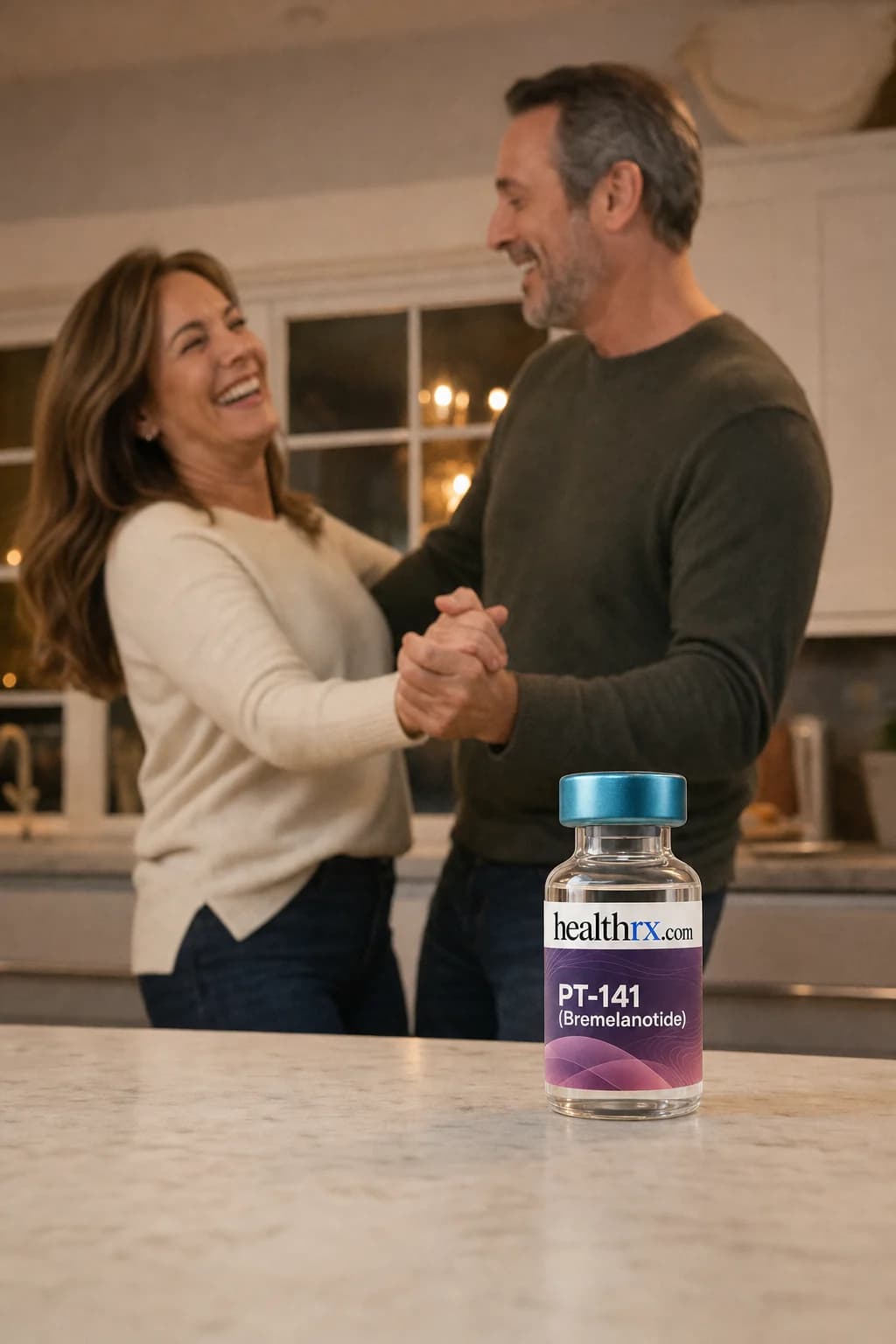 A couple dancing in their kitchen in the evening, with PT-141 (Bremelanotide) close by