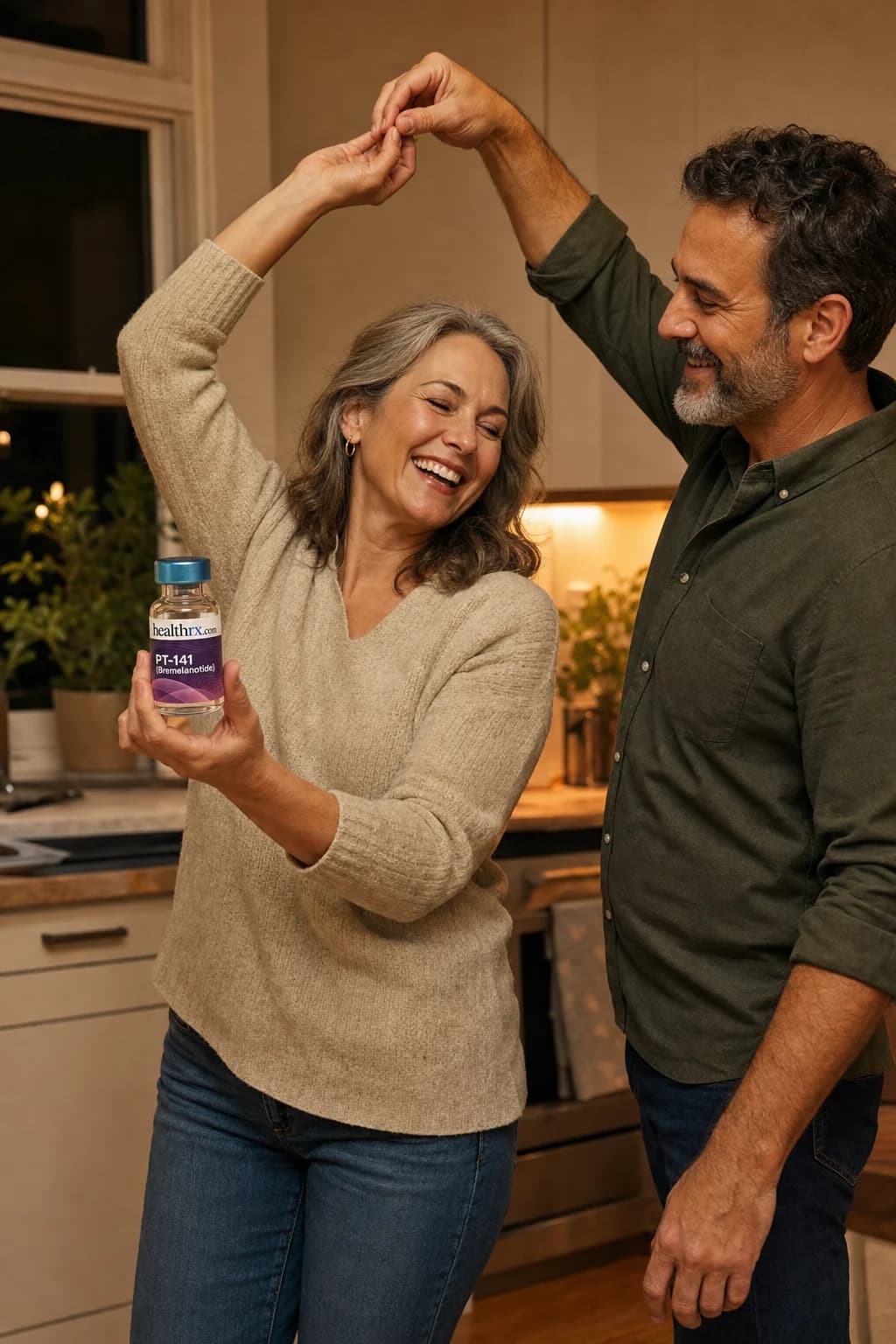 A couple dancing in their kitchen in the evening, with PT-141 (Bremelanotide)