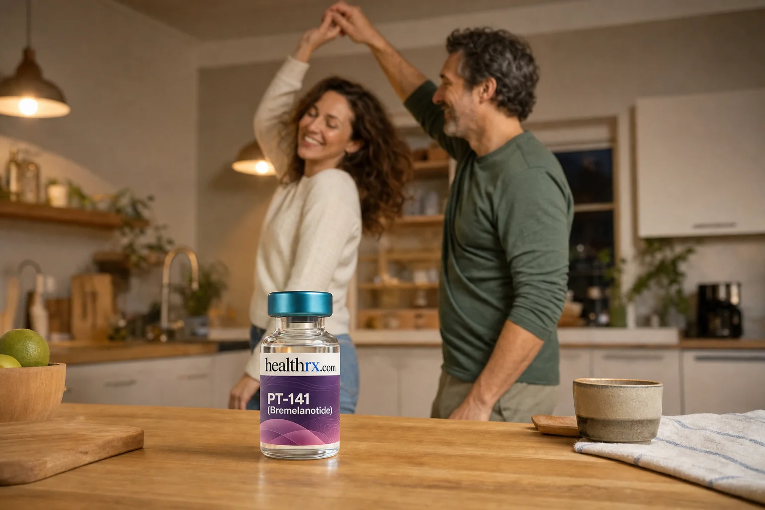 A couple dancing in their kitchen in the evening, with PT-141 (Bremelanotide) in the foreground