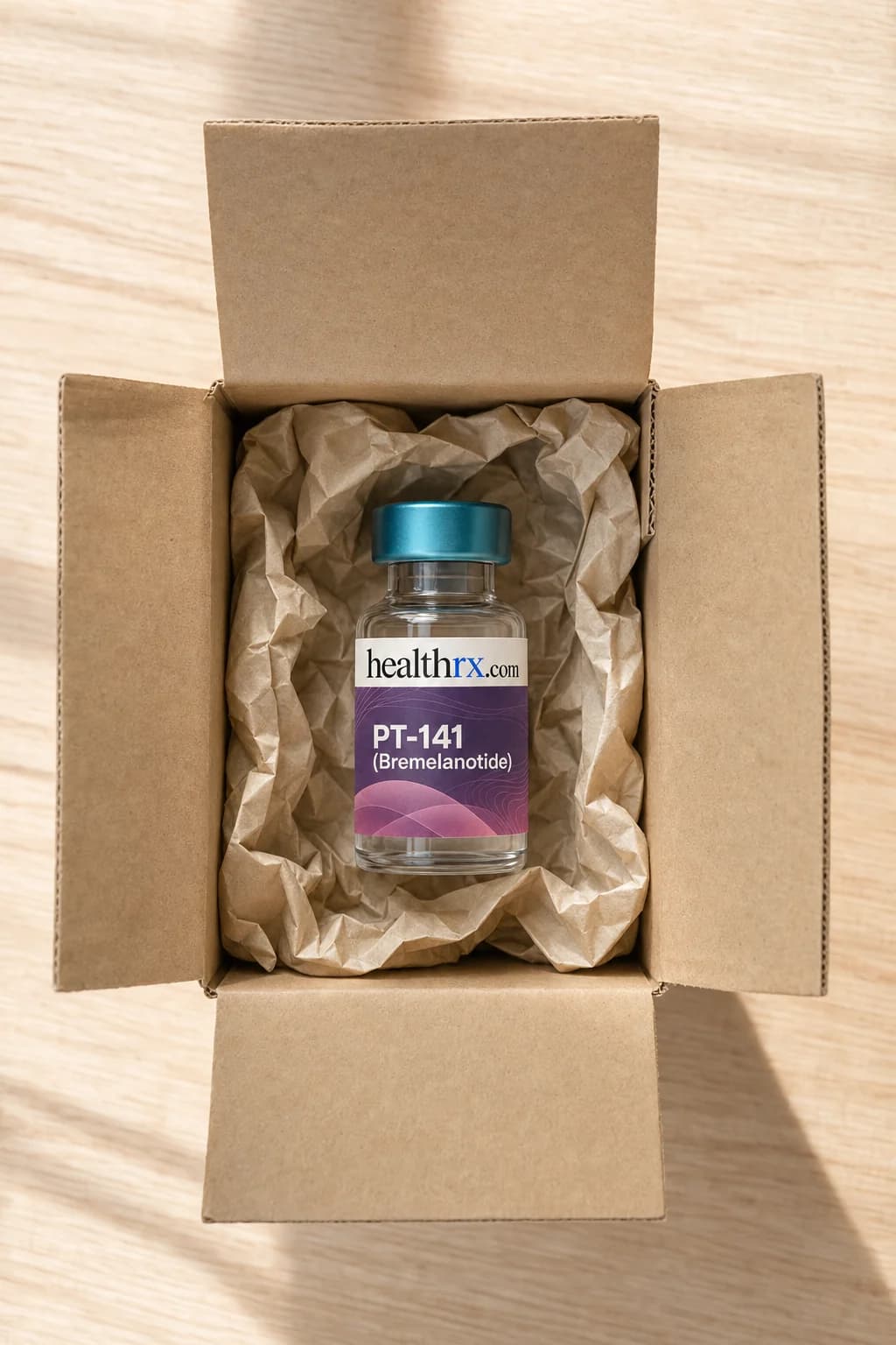 PT-141 (Bremelanotide) inside a plain, unmarked shipping box