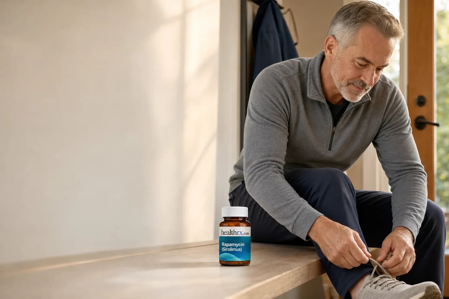A man in his early 60s lacing his walking shoes, with Rapamycin (Sirolimus)