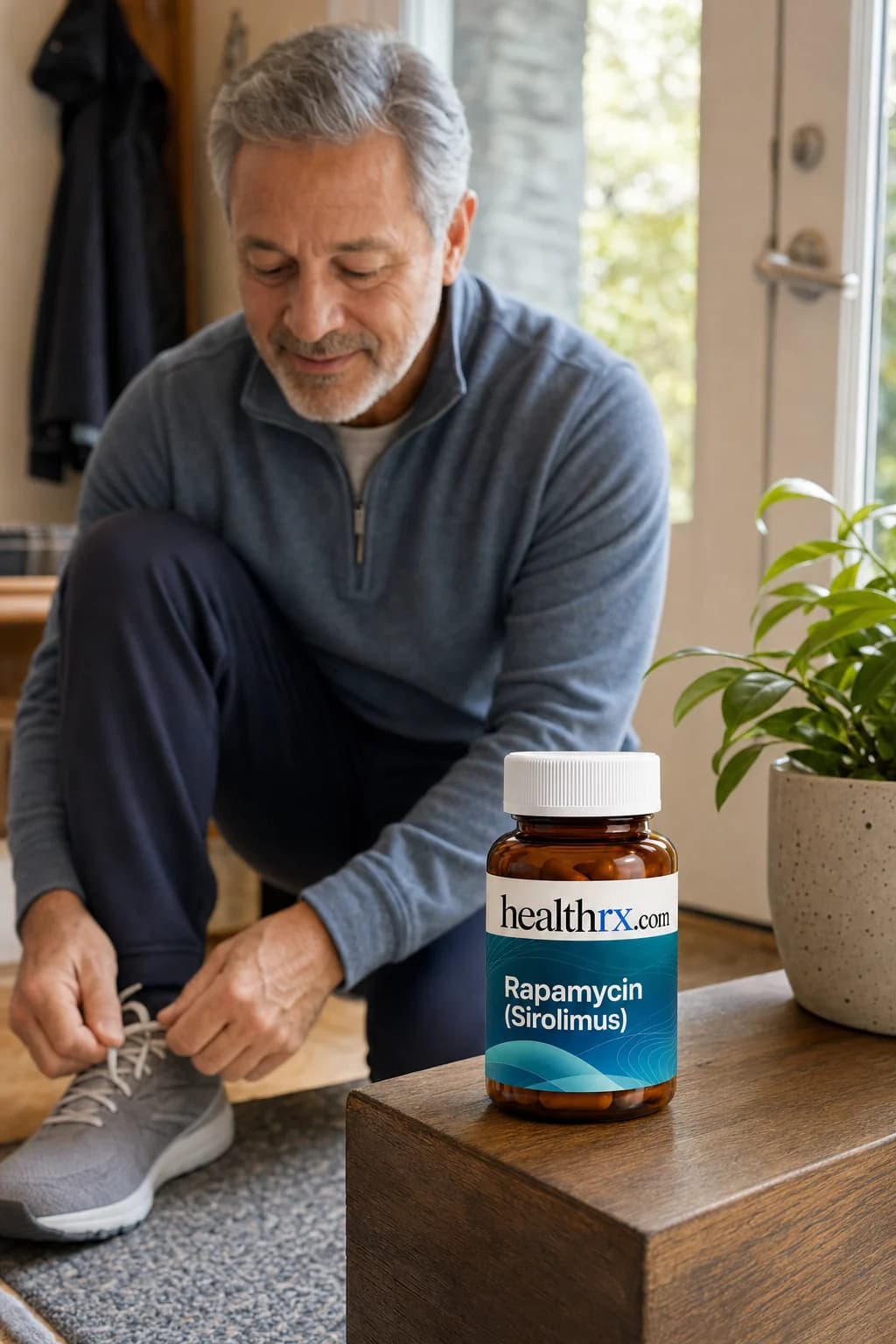 A man in his early 60s lacing his walking shoes, with Rapamycin (Sirolimus) close by