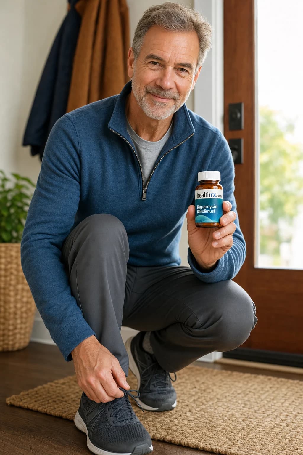 A man in his early 60s lacing his walking shoes, with Rapamycin (Sirolimus)