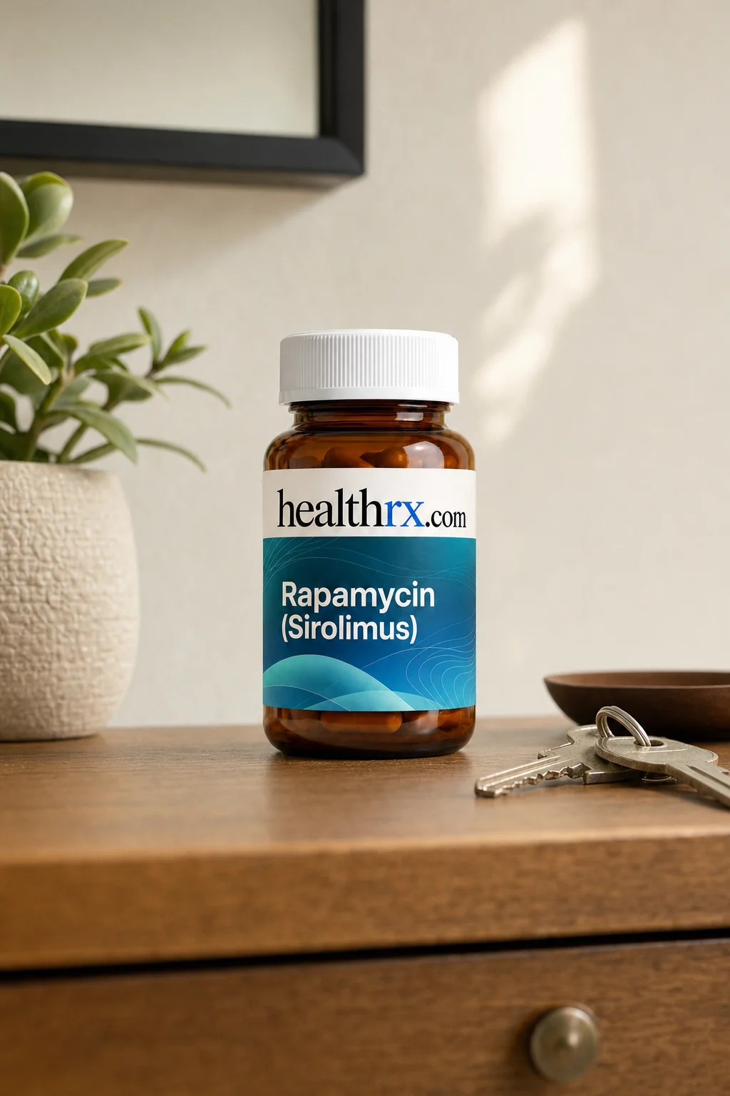 Rapamycin (Sirolimus) on an entryway console beside keys