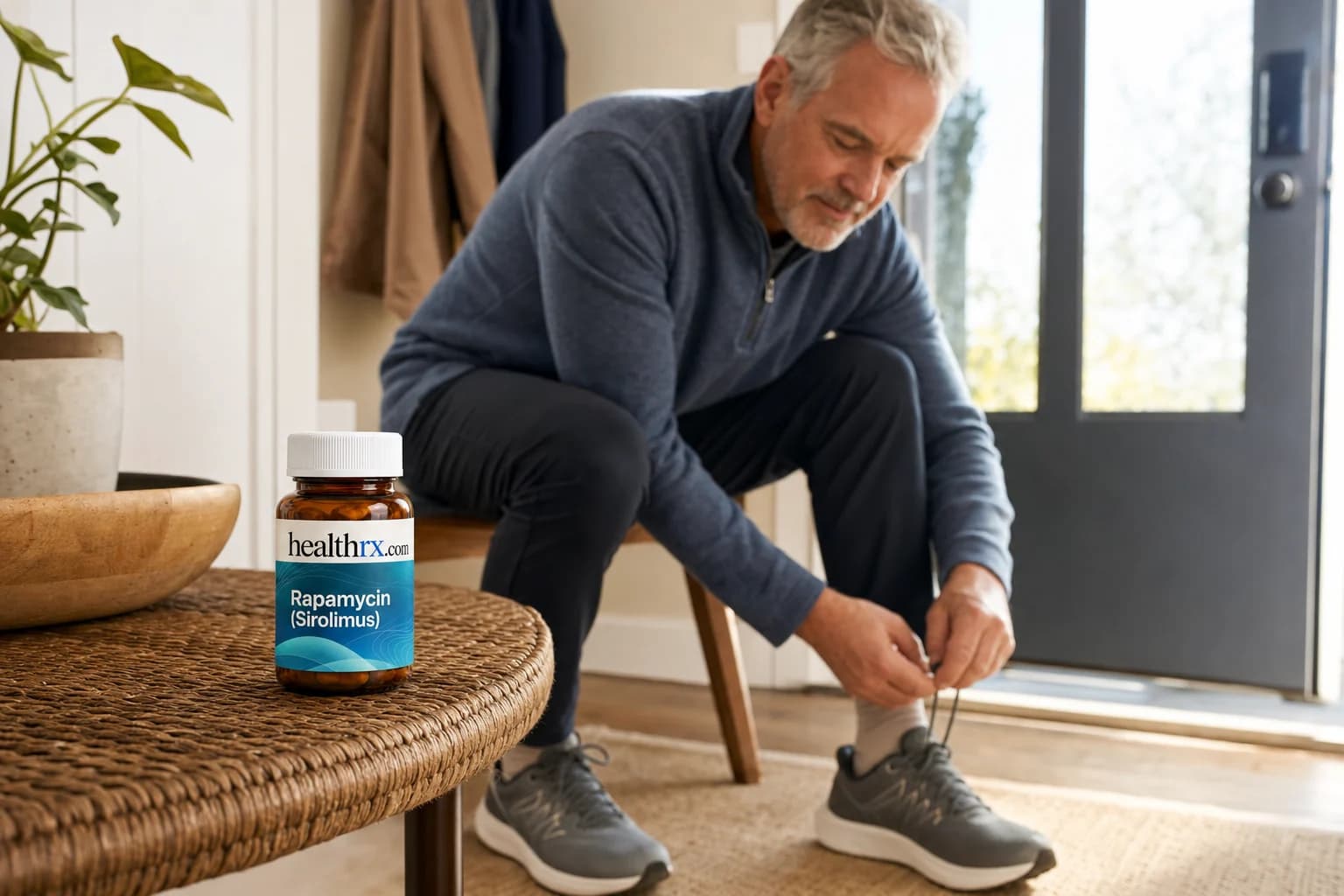 A man in his early 60s lacing his walking shoes, with Rapamycin (Sirolimus) in the foreground