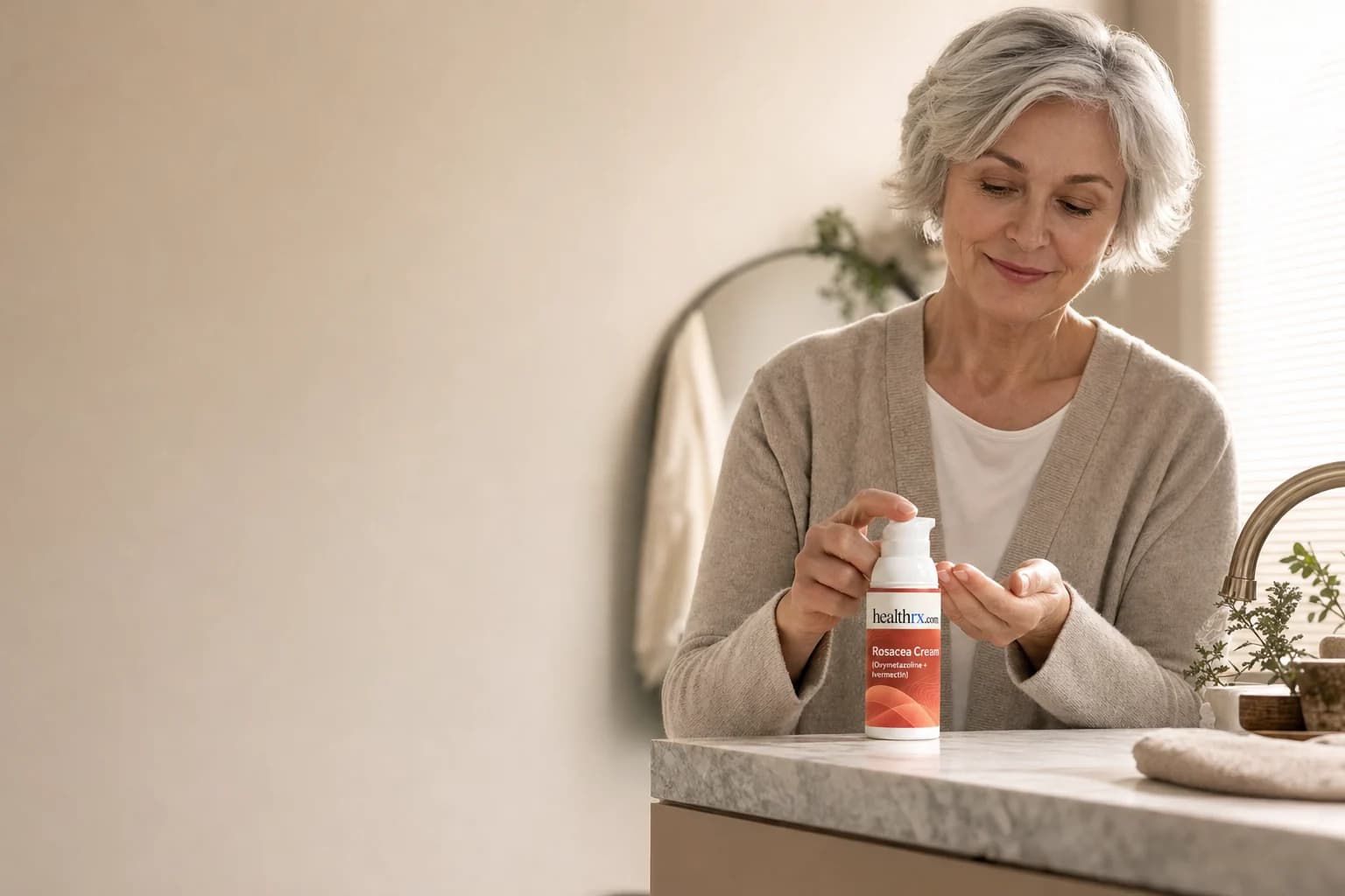 A woman in her mid 50s during her morning routine, with Rosacea Cream (Oxymetazoline + Ivermectin)