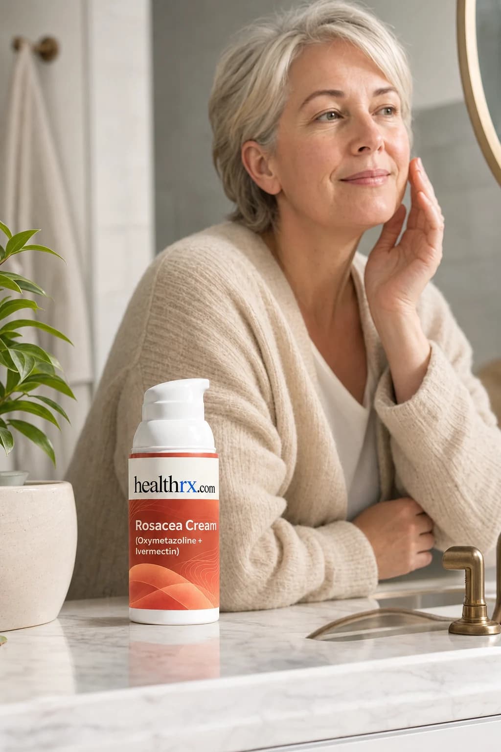 A woman in her mid 50s during her morning routine, with Rosacea Cream (Oxymetazoline + Ivermectin) close by