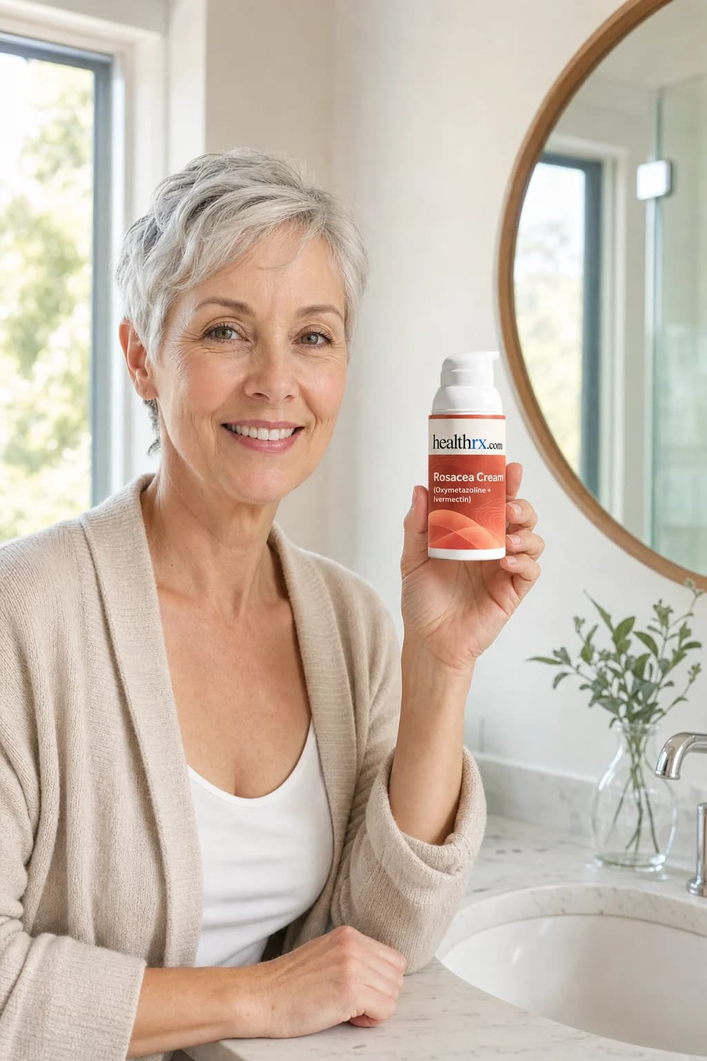 A woman in her mid 50s during her morning routine, with Rosacea Cream (Oxymetazoline + Ivermectin)