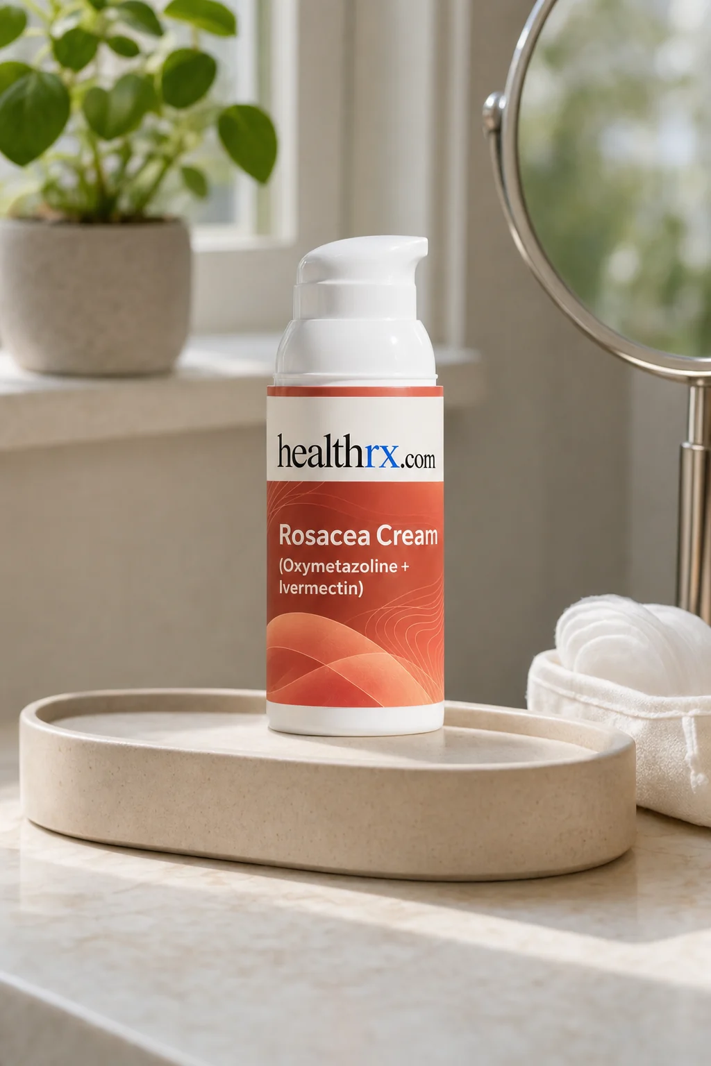 Rosacea Cream (Oxymetazoline + Ivermectin) on a bathroom vanity tray