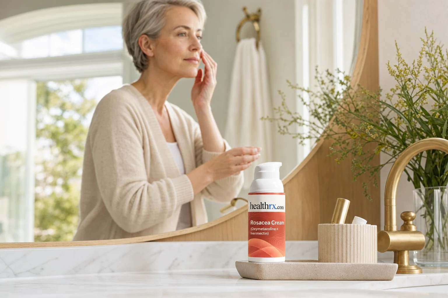 A woman in her mid 50s during her morning routine, with Rosacea Cream (Oxymetazoline + Ivermectin) in the foreground