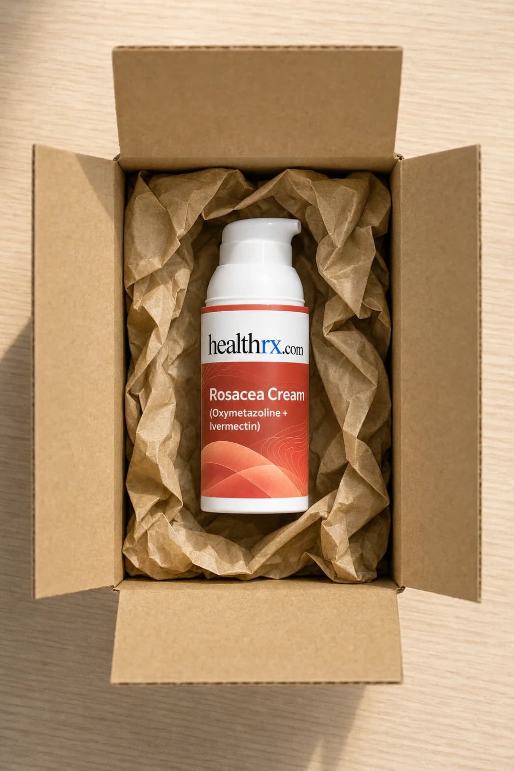 Rosacea Cream (Oxymetazoline + Ivermectin) inside a plain, unmarked shipping box