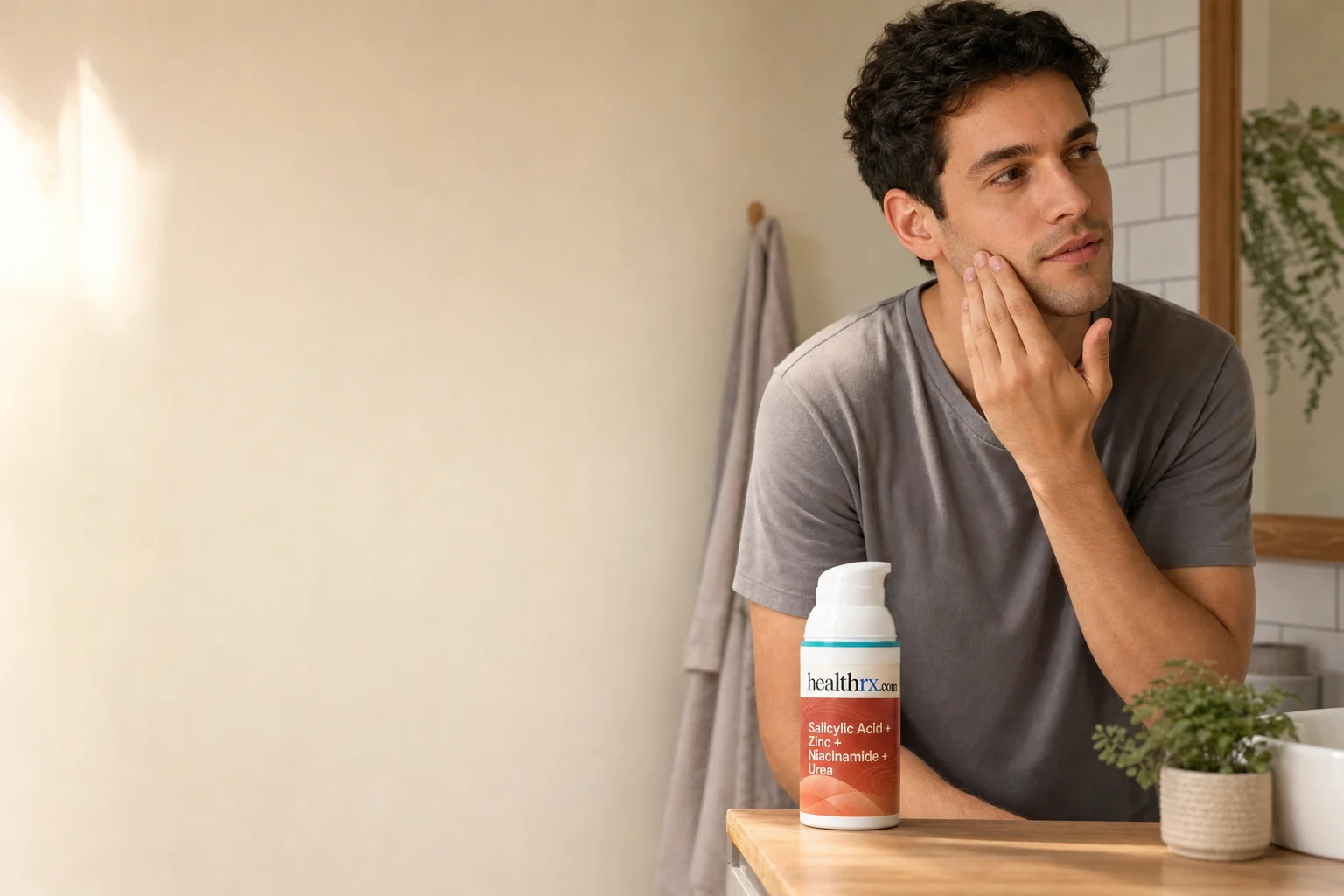 A man in his late 20s during his morning routine, with Salicylic Acid / Zinc Oxide / Niacinamide / Urea