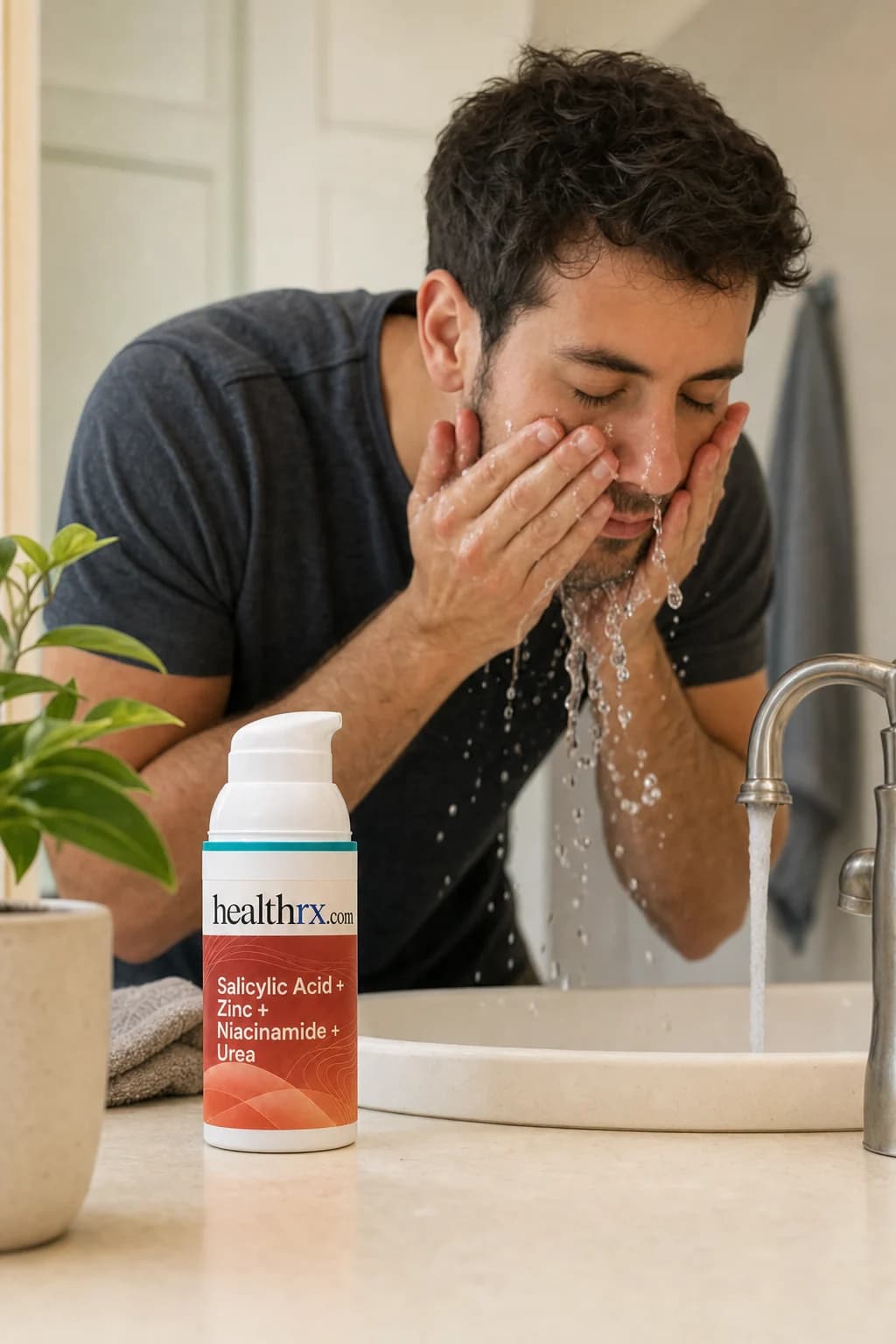 A man in his late 20s during his morning routine, with Salicylic Acid / Zinc Oxide / Niacinamide / Urea close by