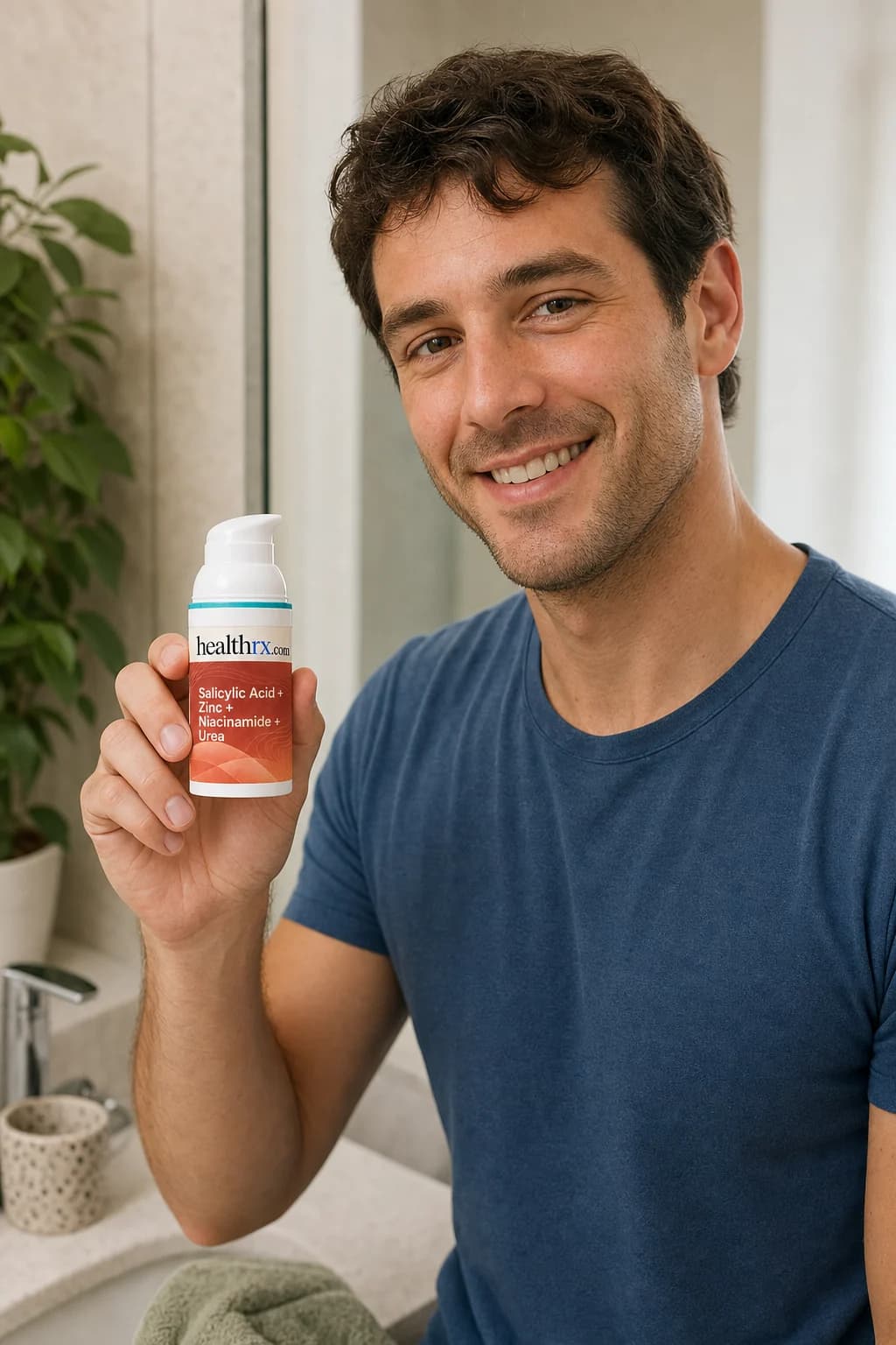 A man in his late 20s during his morning routine, with Salicylic Acid / Zinc Oxide / Niacinamide / Urea