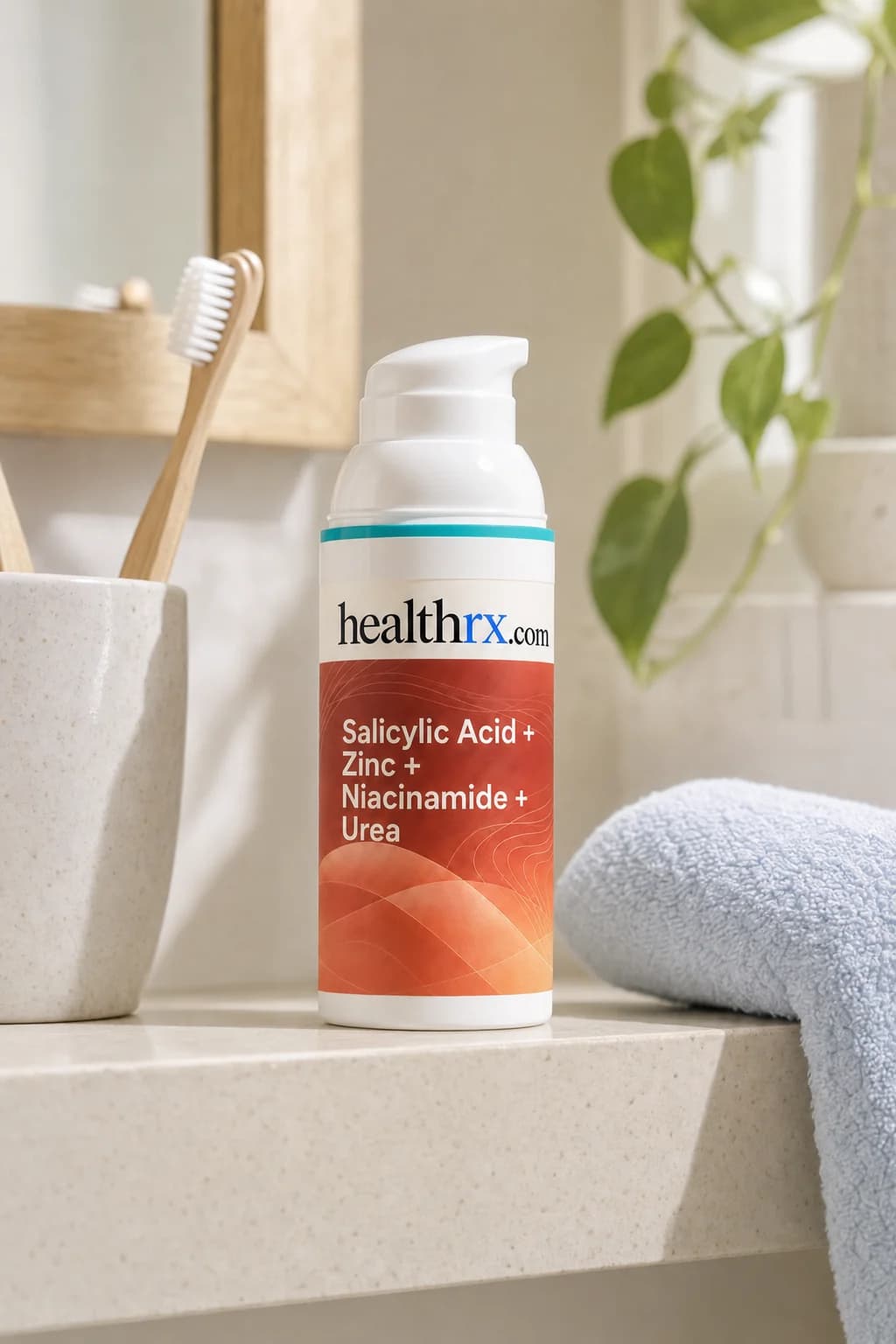 Salicylic Acid / Zinc Oxide / Niacinamide / Urea on a bathroom shelf