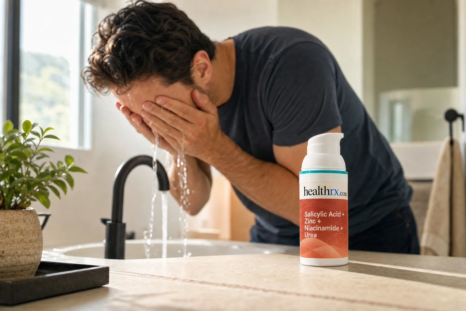 A man in his late 20s during his morning routine, with Salicylic Acid / Zinc Oxide / Niacinamide / Urea in the foreground