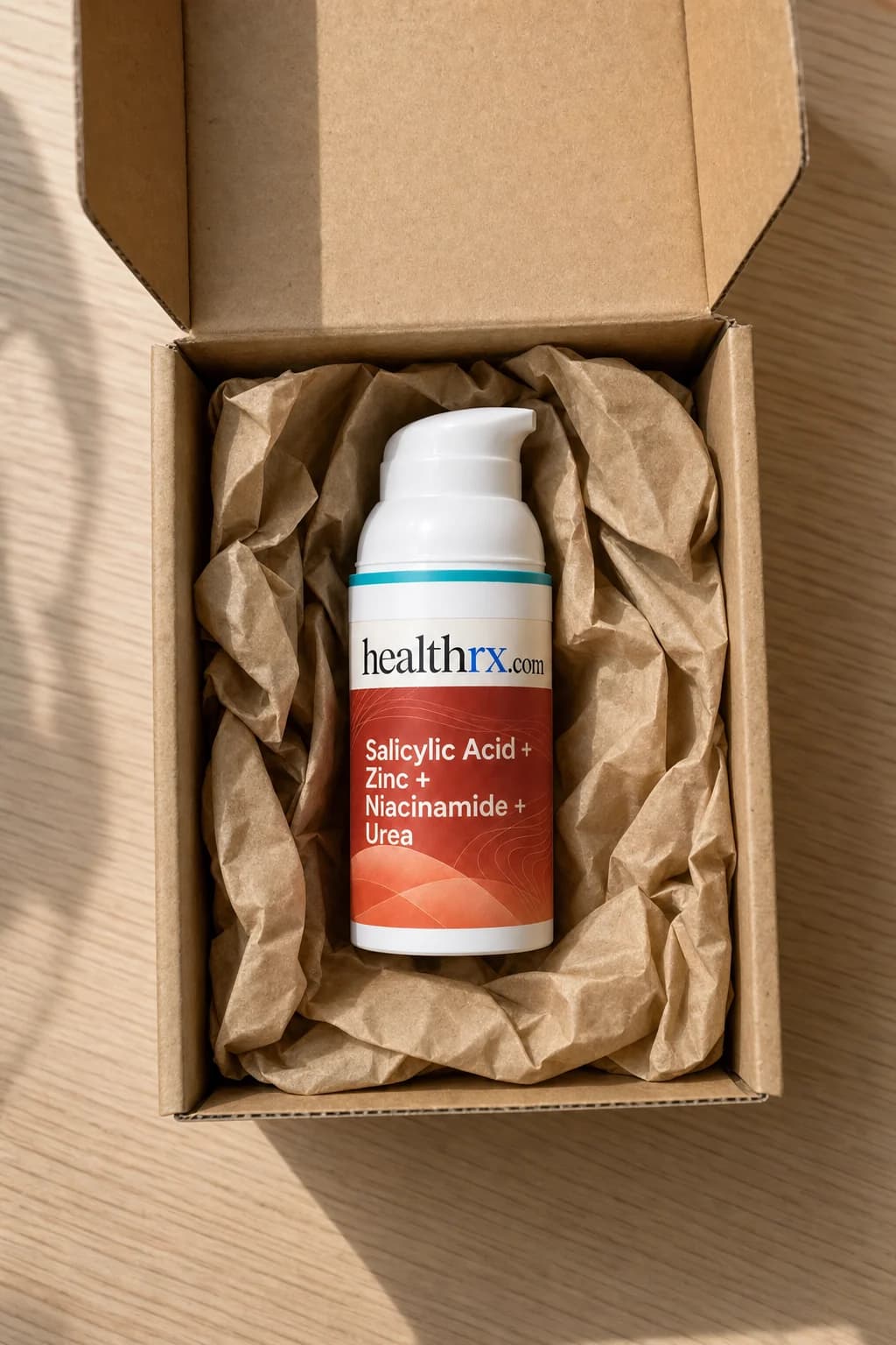 Salicylic Acid / Zinc Oxide / Niacinamide / Urea inside a plain, unmarked shipping box