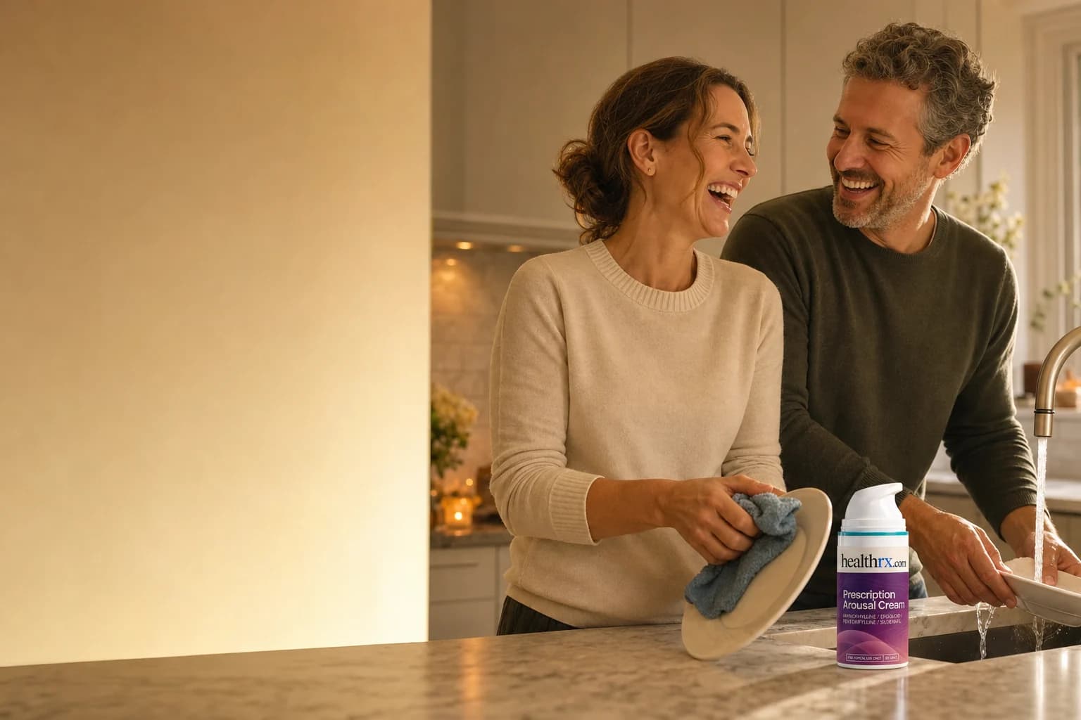 A couple spending the evening together at home, with Prescription Arousal Cream