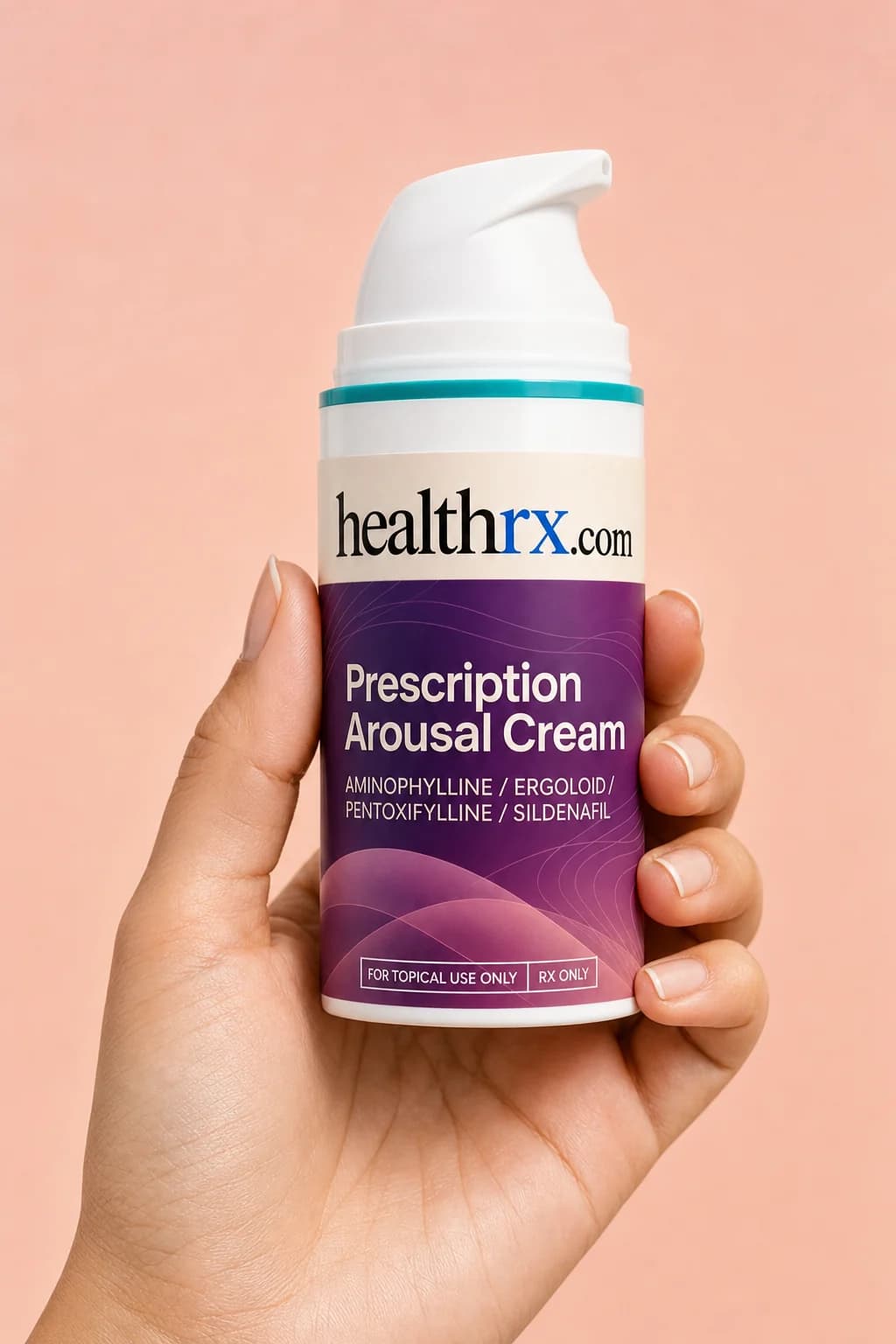 Prescription Arousal Cream held in one hand, showing its size