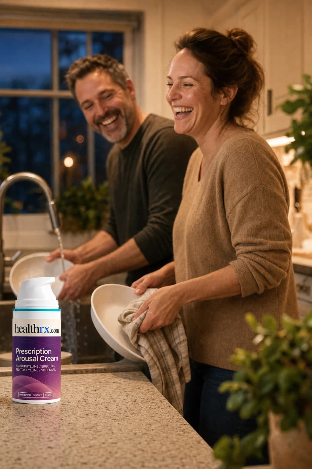 A couple spending the evening together at home, with Prescription Arousal Cream close by
