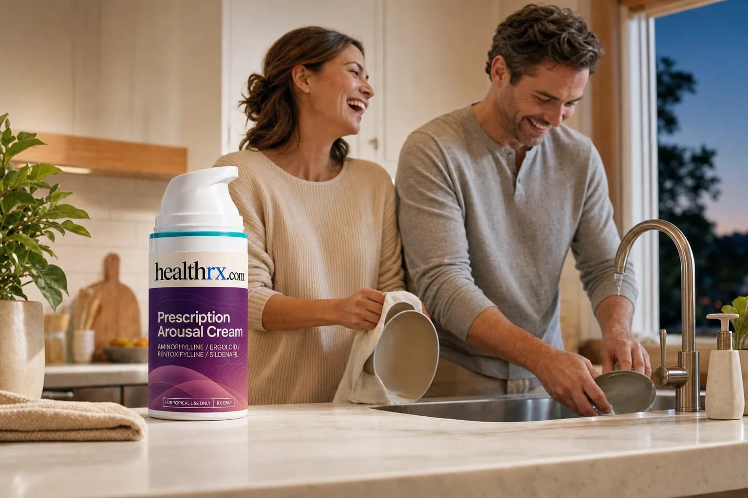 A couple spending the evening together at home, with Prescription Arousal Cream in the foreground