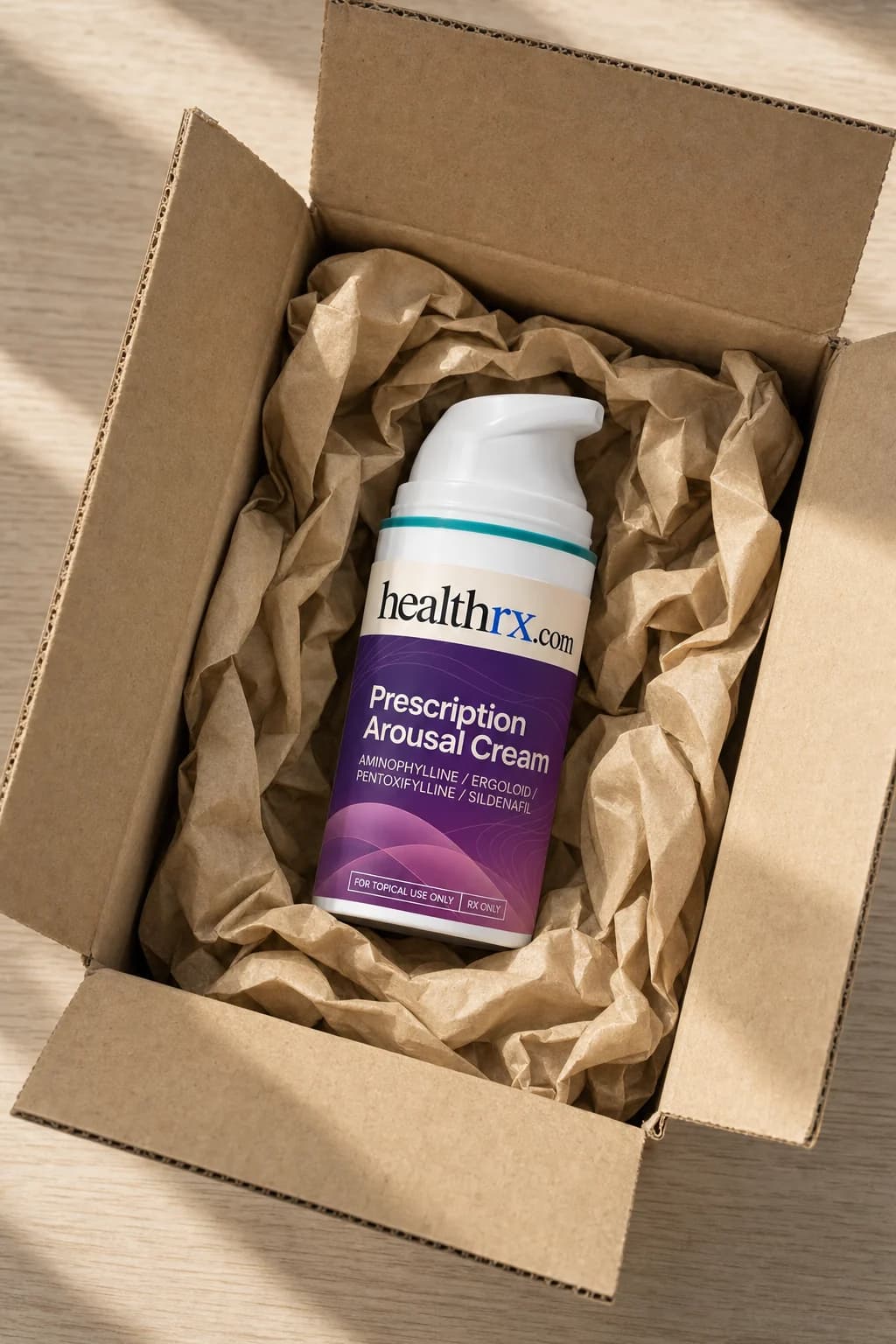 Prescription Arousal Cream inside a plain, unmarked shipping box