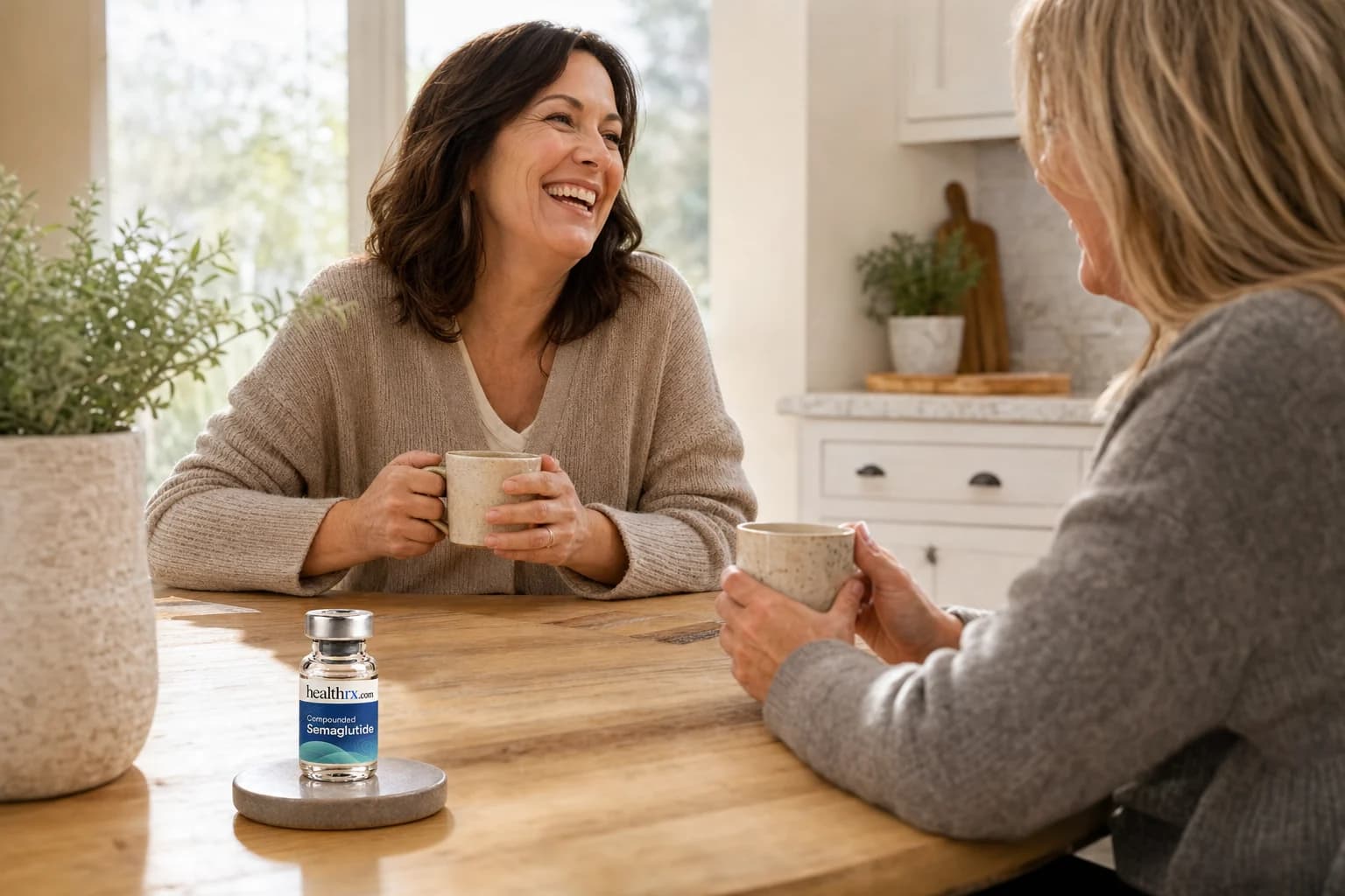 A woman in her late 40s laughing with a friend over coffee, with Compounded Semaglutide in the foreground