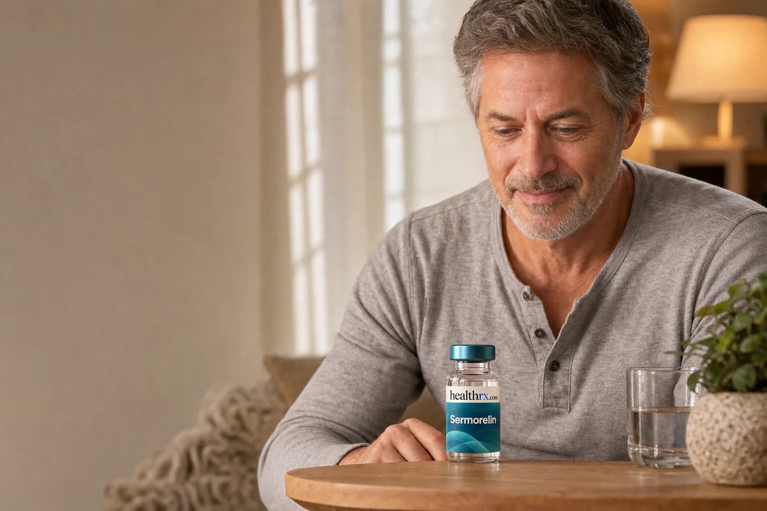 A man in his mid 50s winding down in the evening, with Sermorelin