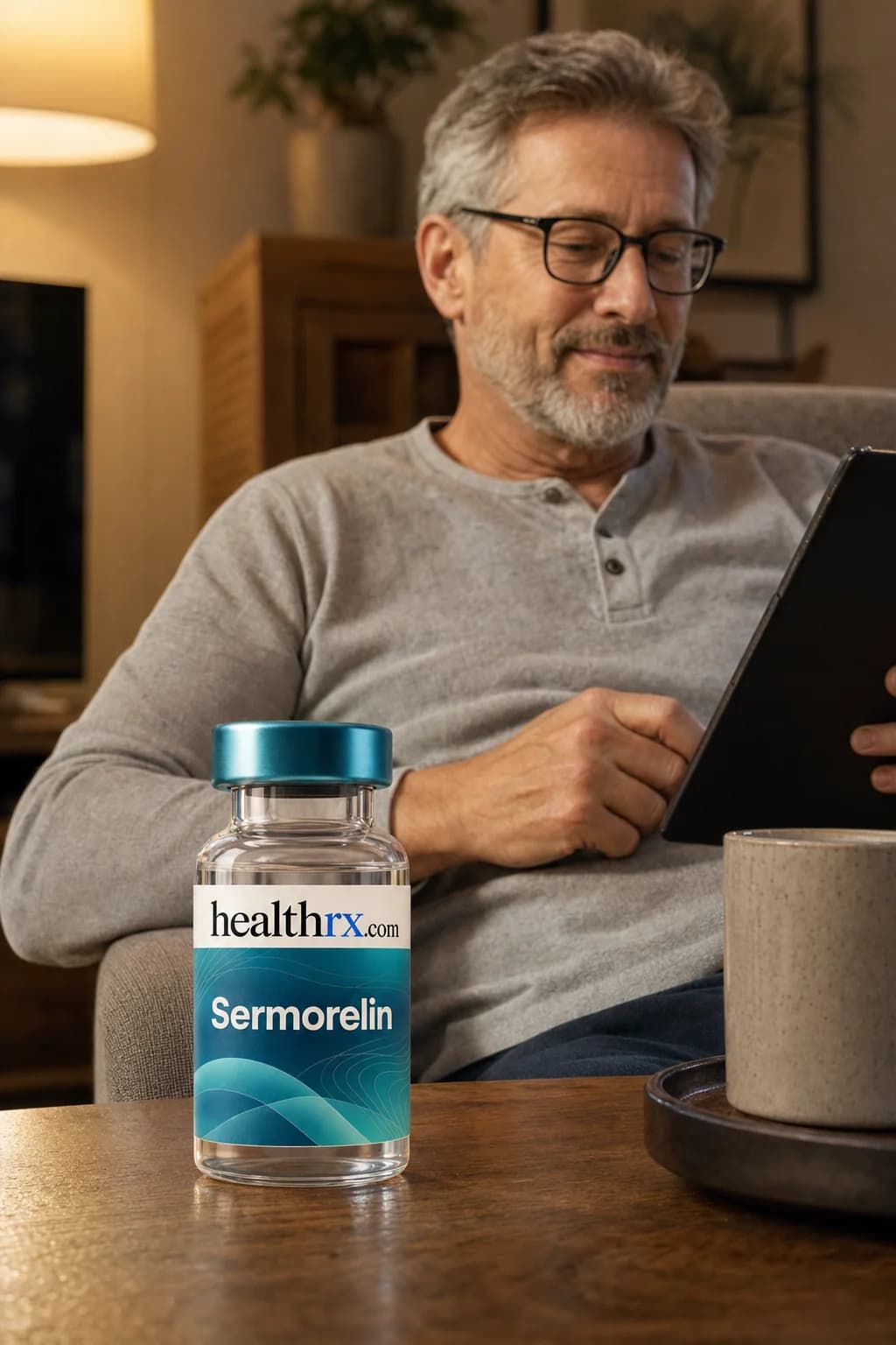 A man in his mid 50s winding down in the evening, with Sermorelin close by