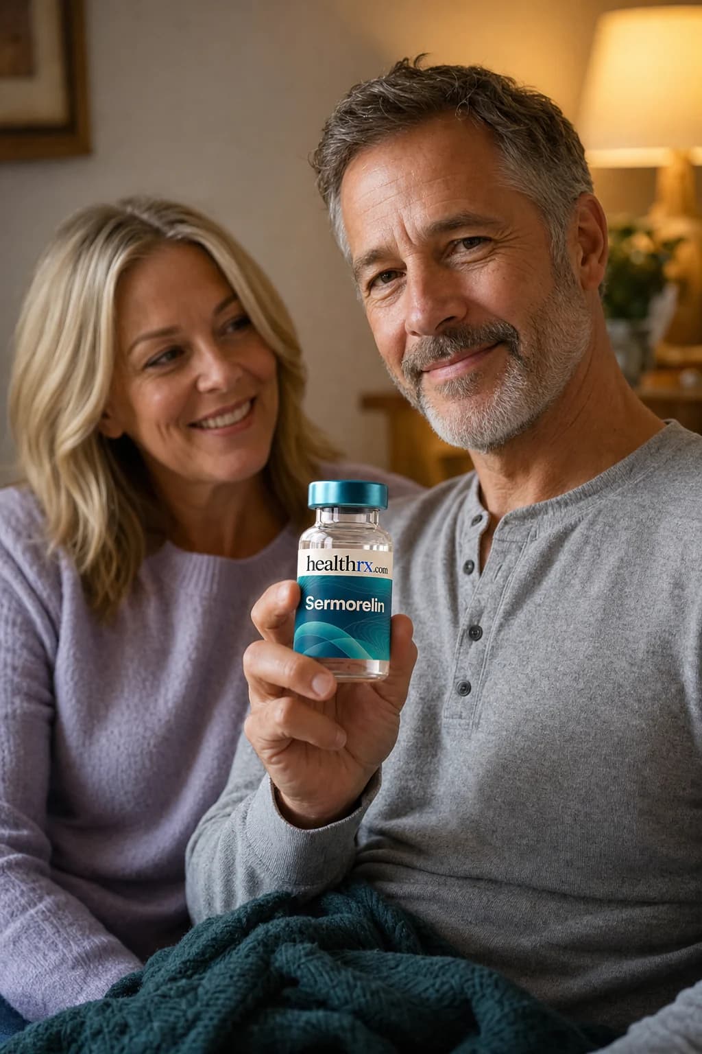 A man in his mid 50s winding down in the evening, with Sermorelin