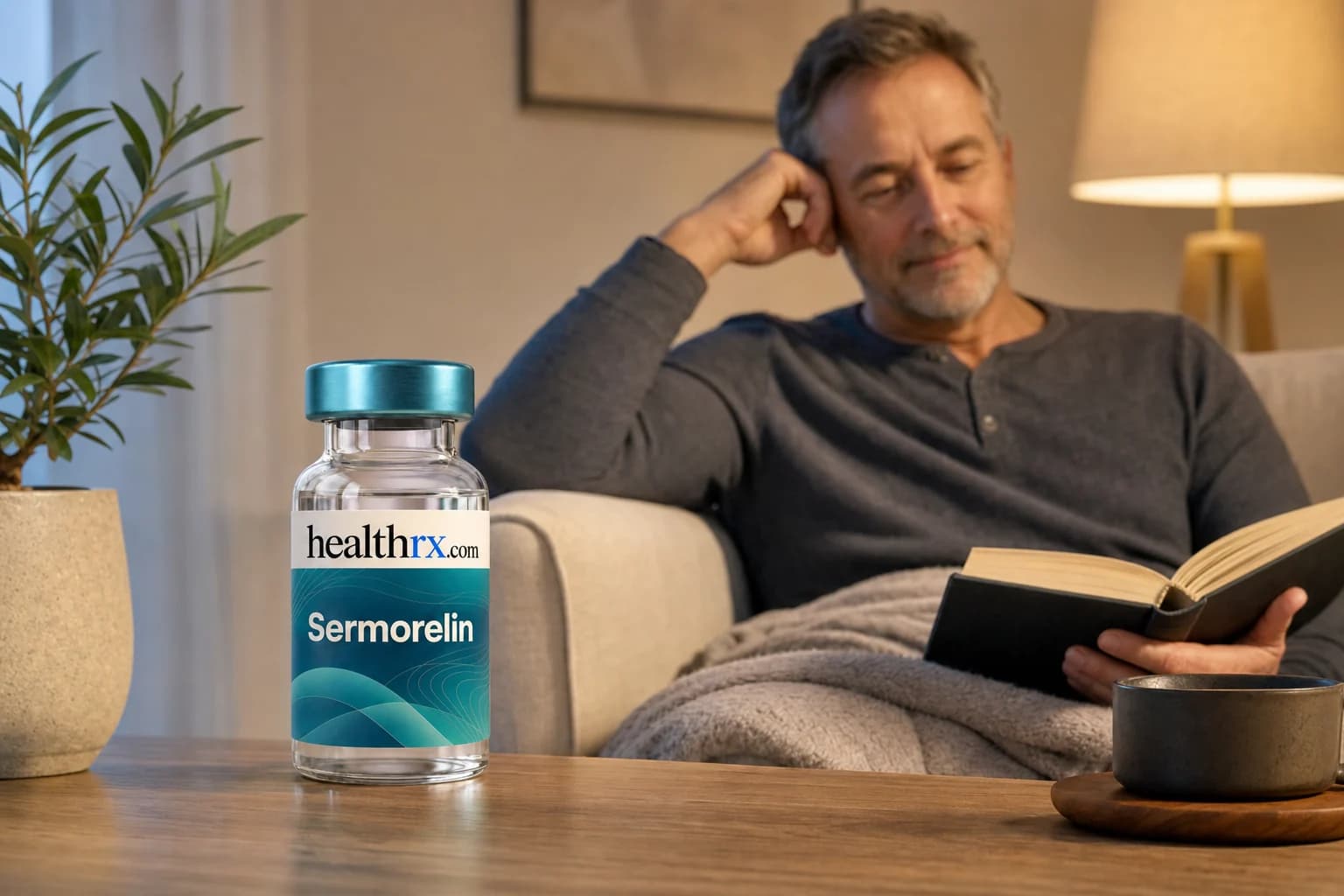 A man in his mid 50s winding down in the evening, with Sermorelin in the foreground