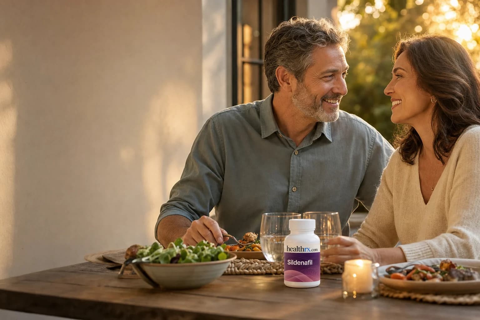 A couple sharing dinner on a patio at golden hour, with Sildenafil
