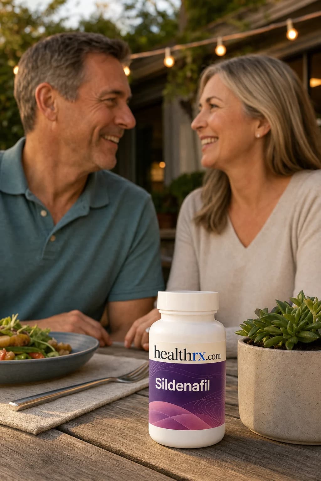 A couple sharing dinner on a patio at golden hour, with Sildenafil close by