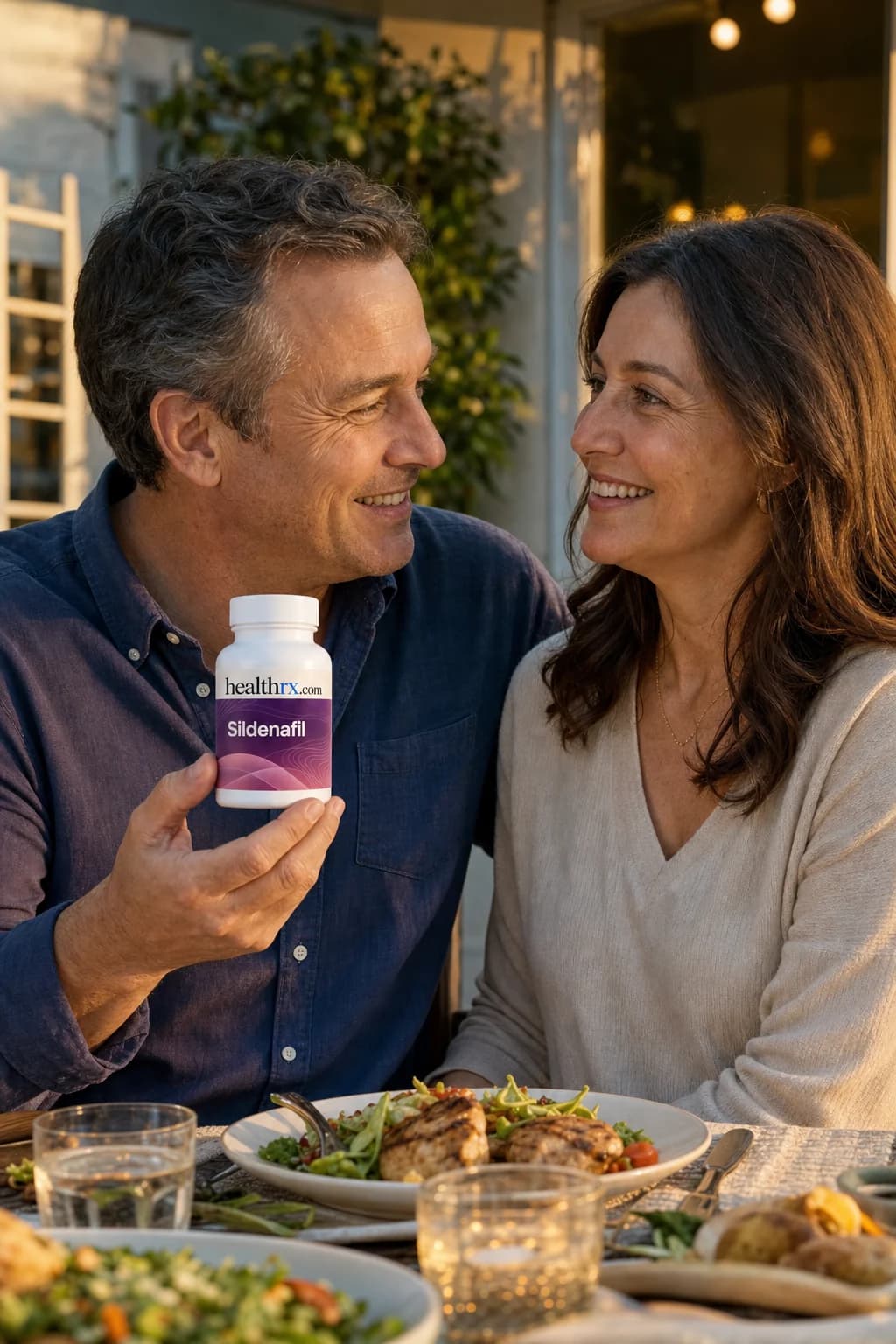 A couple sharing dinner on a patio at golden hour, with Sildenafil